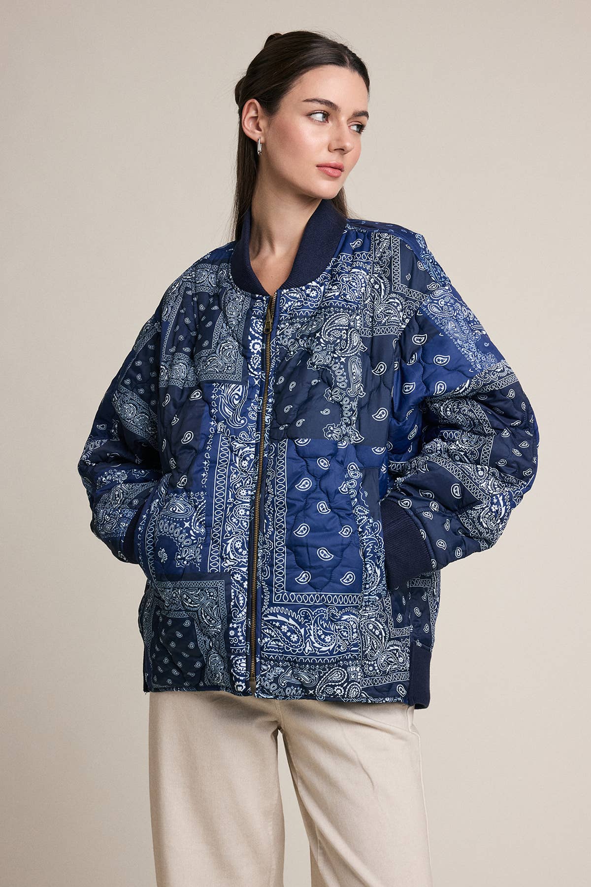 Bandana Print Quilted Bomber Jacket