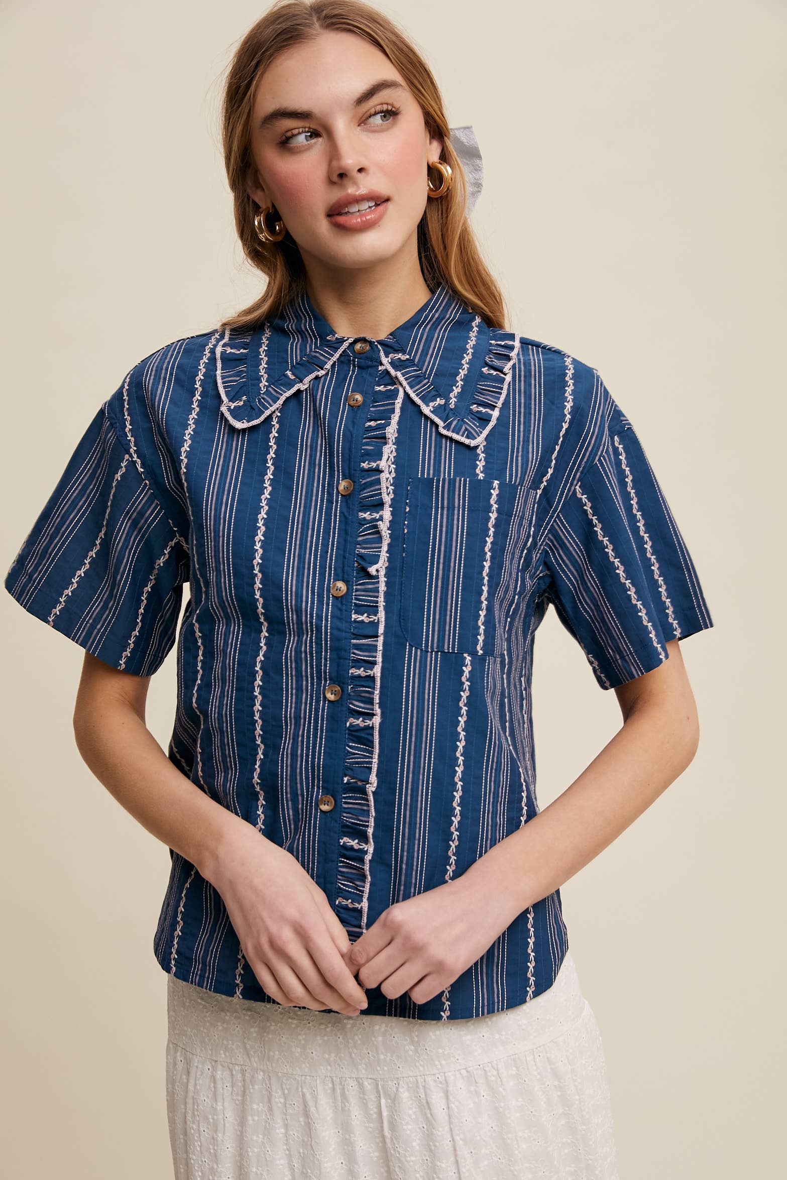 Indigo Striped Embroidered Shirt