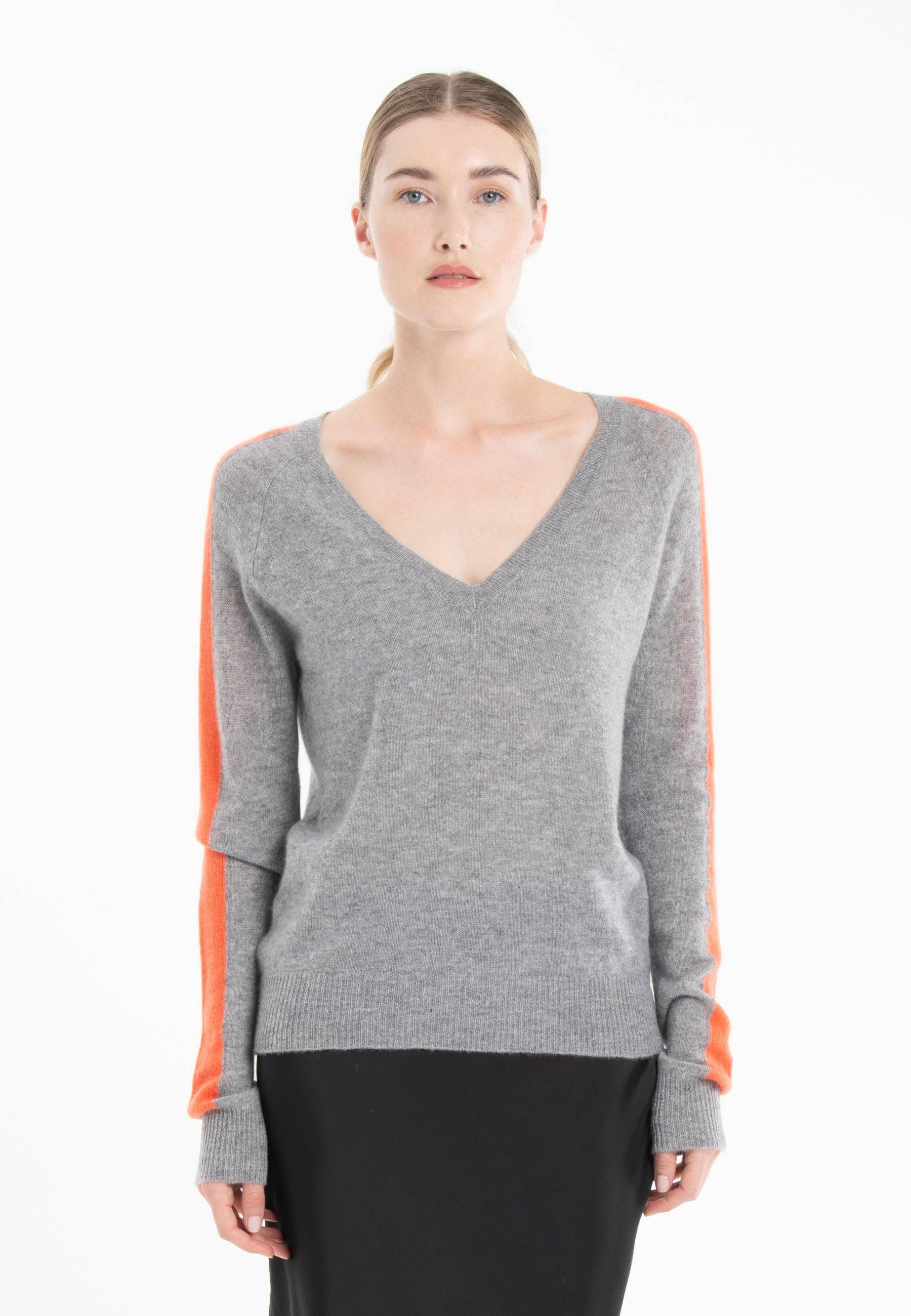 Cashmere V-neck Gray + Orange Stripe Sweater