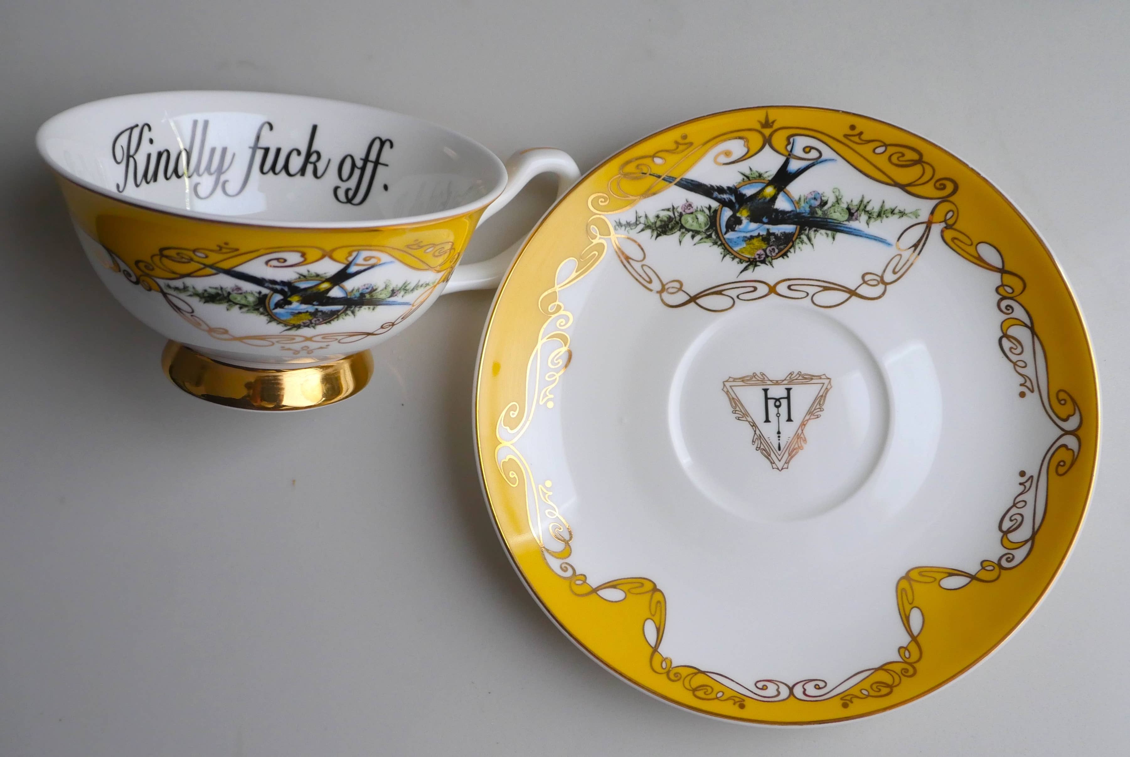 Kindly Fuck Off Teacup & Saucer Yellow Bird