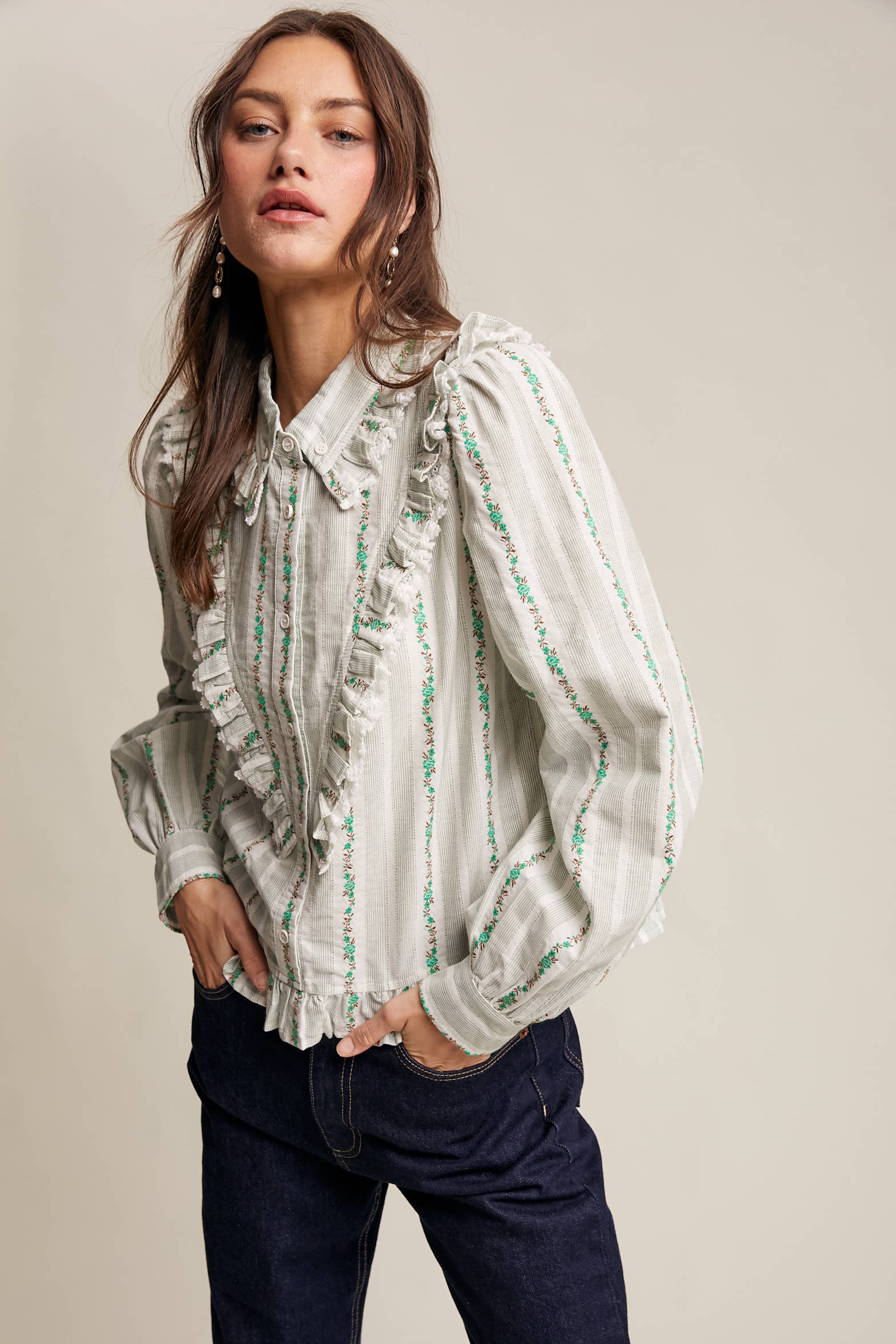 Green Flower Ruffle Embroidered Blouse