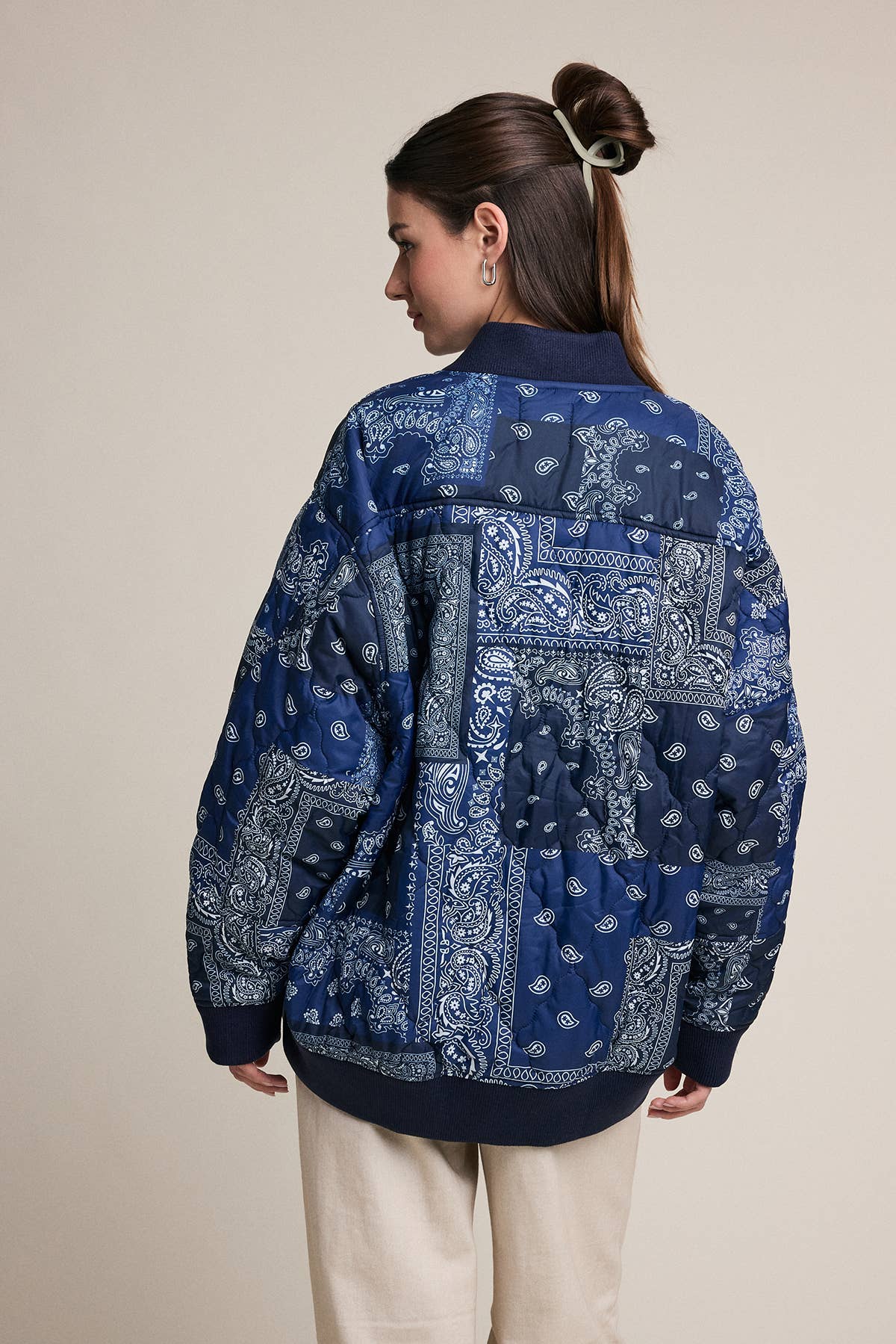 Bandana Print Quilted Bomber Jacket