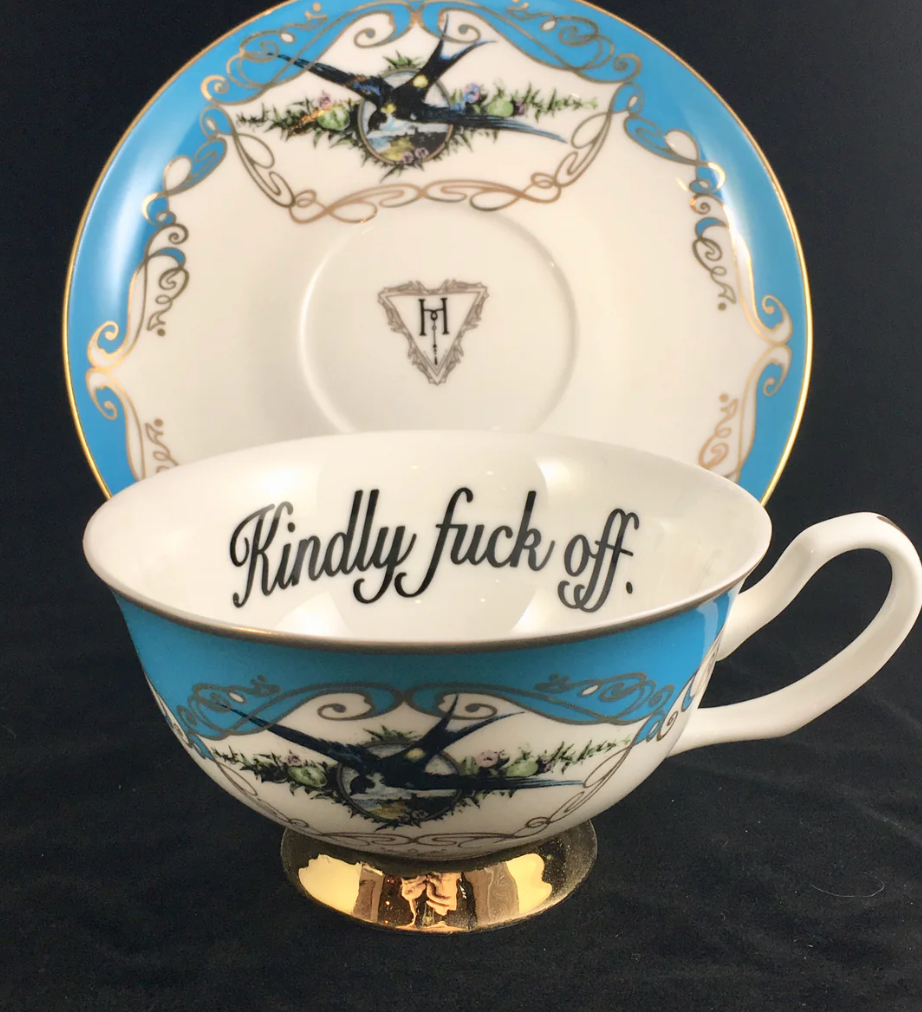 Kindly Fuck Off Teacup & Saucer Blue Bird