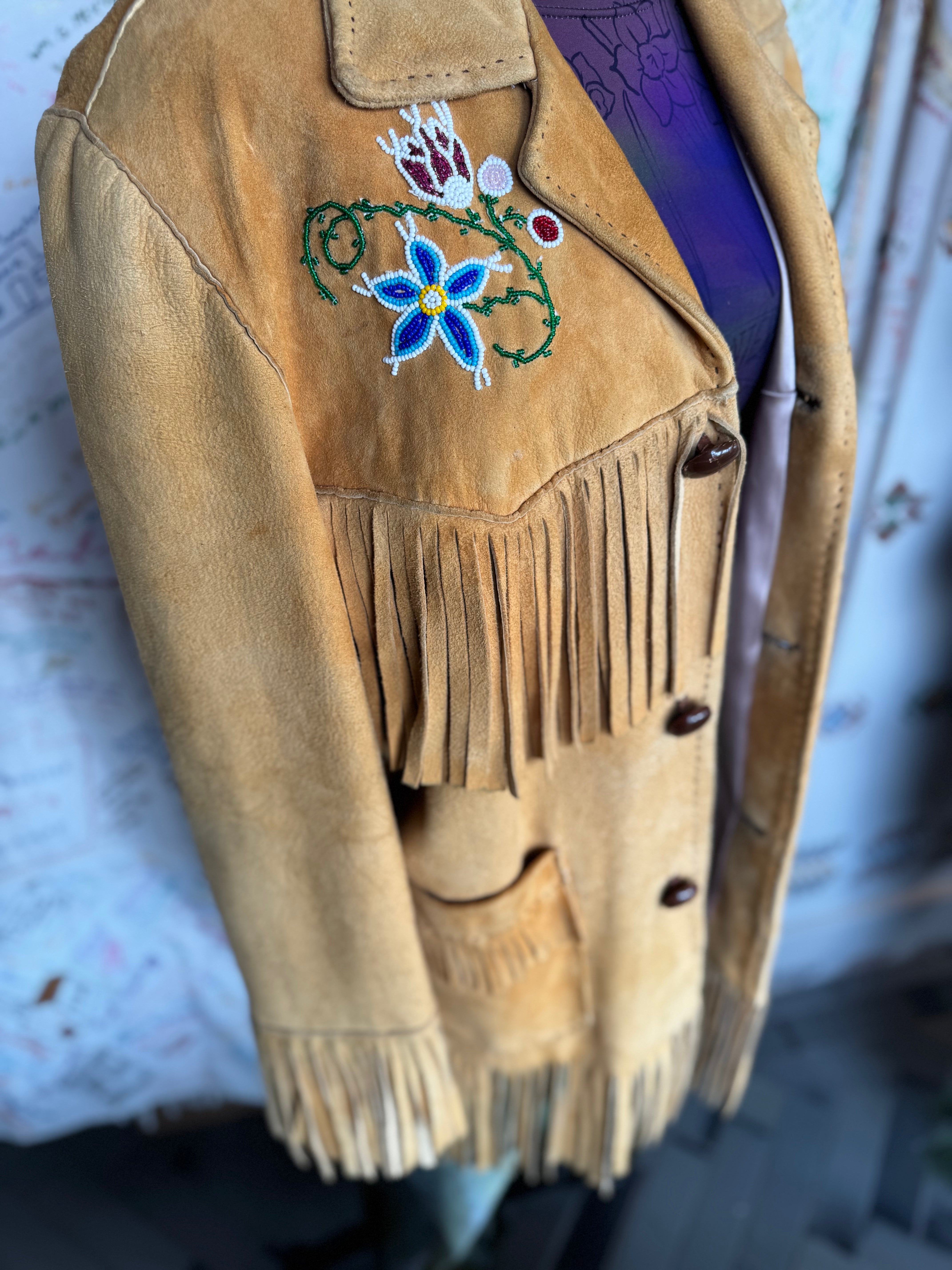 Buckskin Fringe Jacket with Beaded Flowers