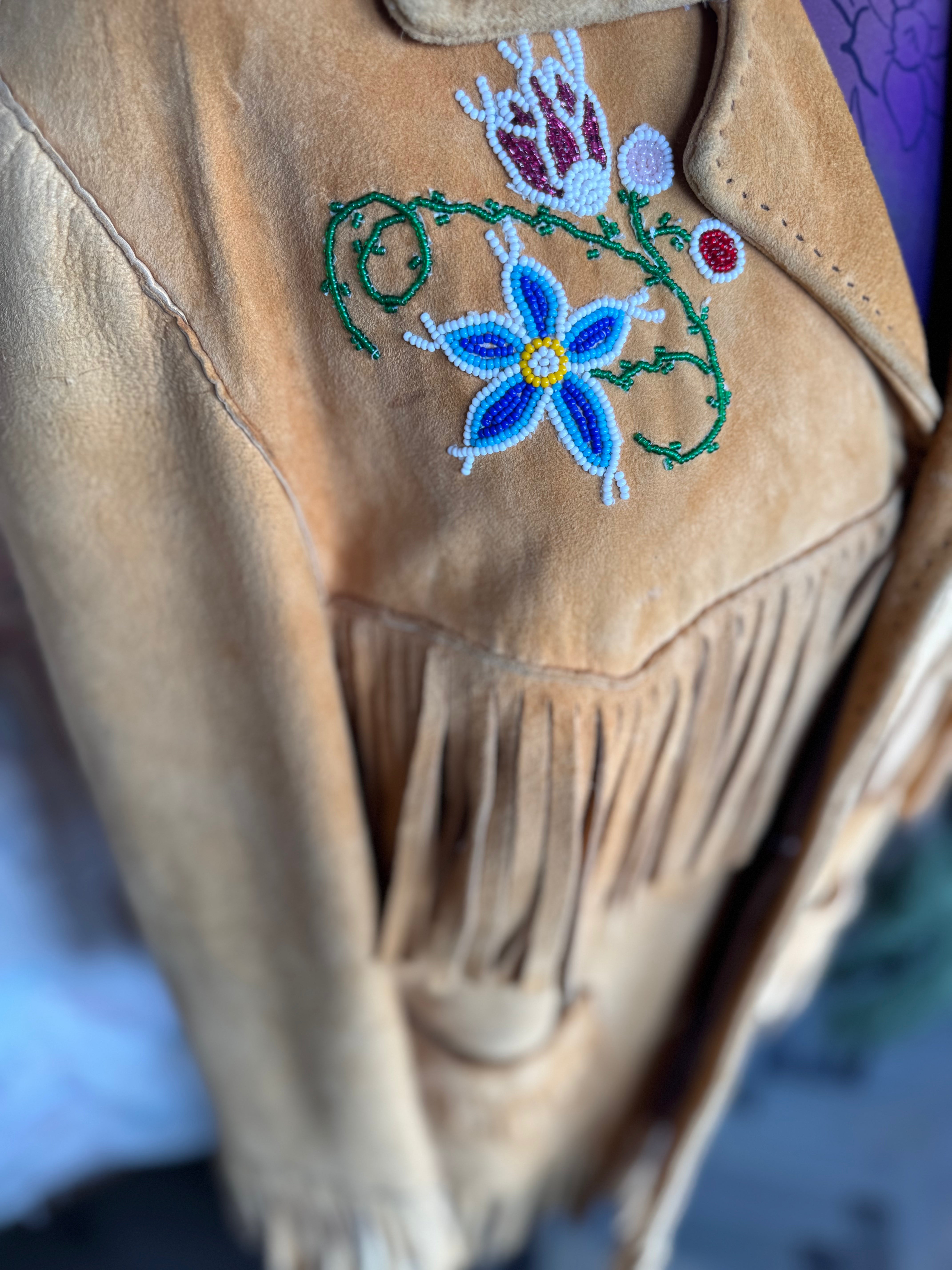 Buckskin Fringe Jacket with Beaded Flowers