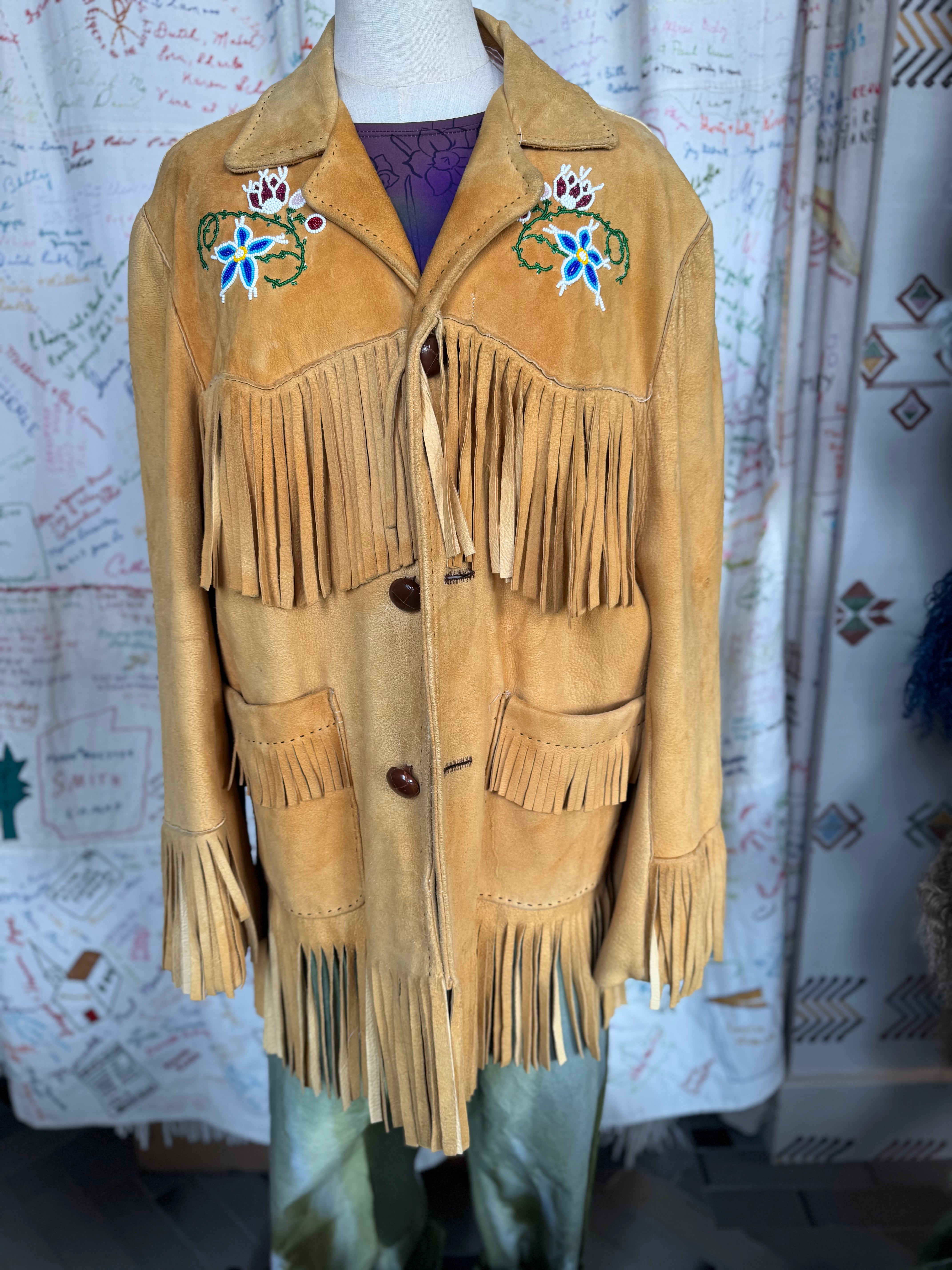 Buckskin Fringe Jacket with Beaded Flowers