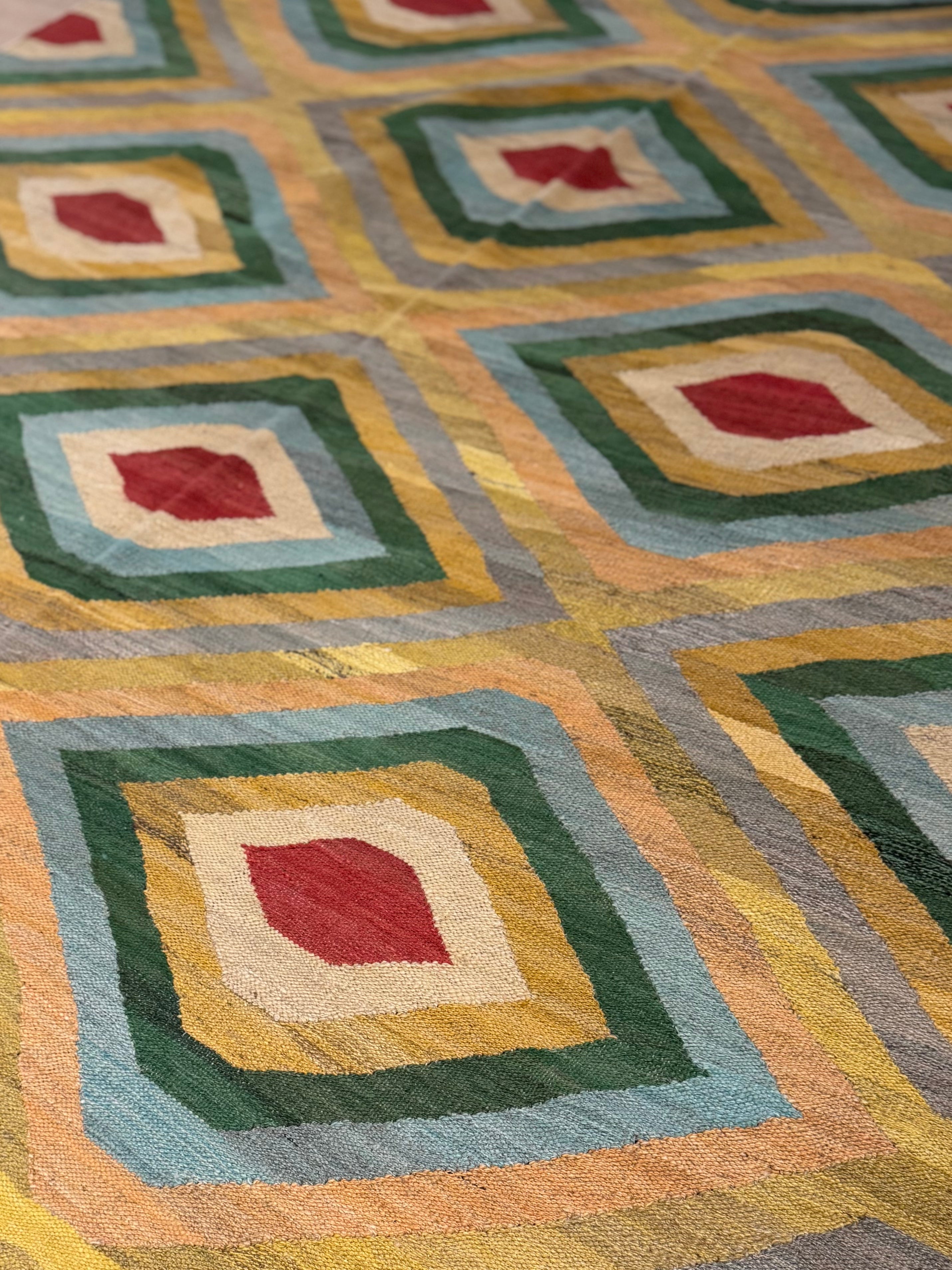 Geometric Green, Blue & Red Kilim Rug 9.5' x 6.5'