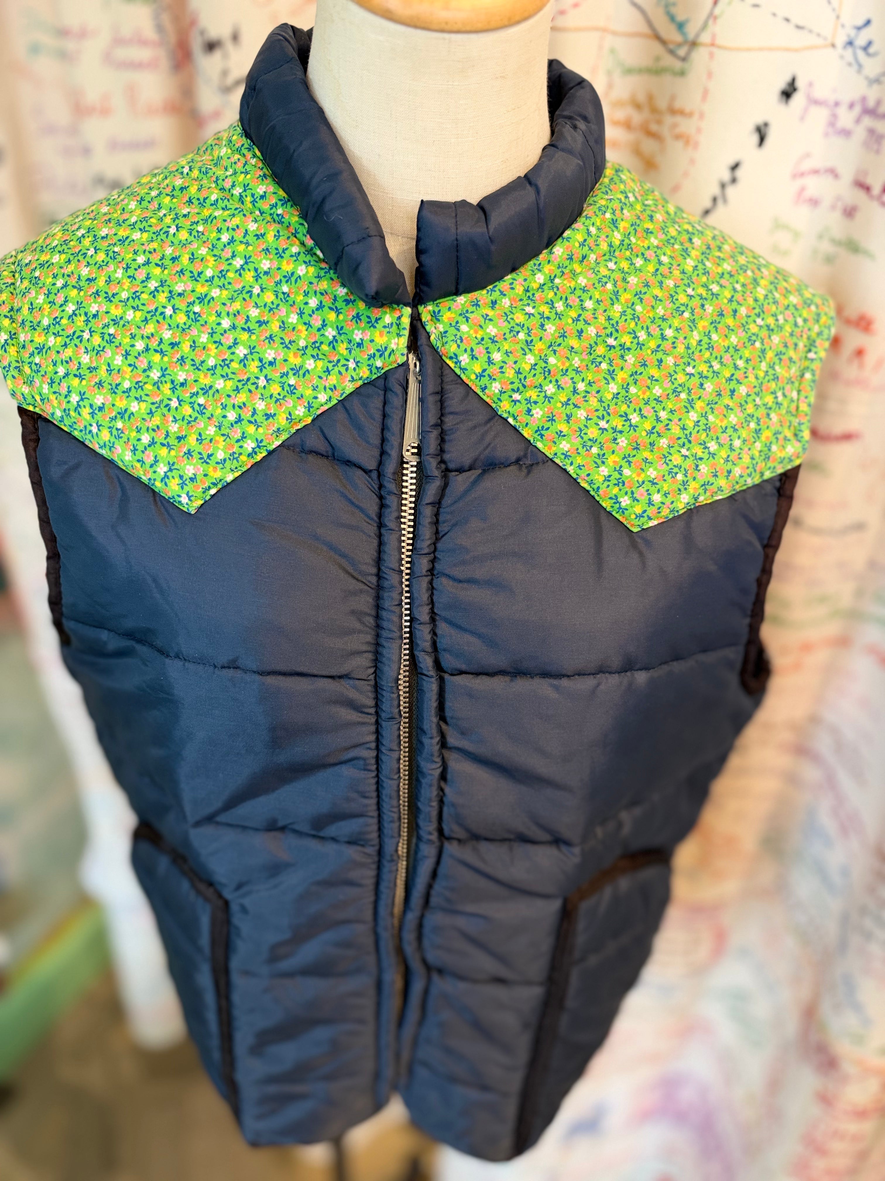 Blue Insulated Vest + Ditsy Print Yoke