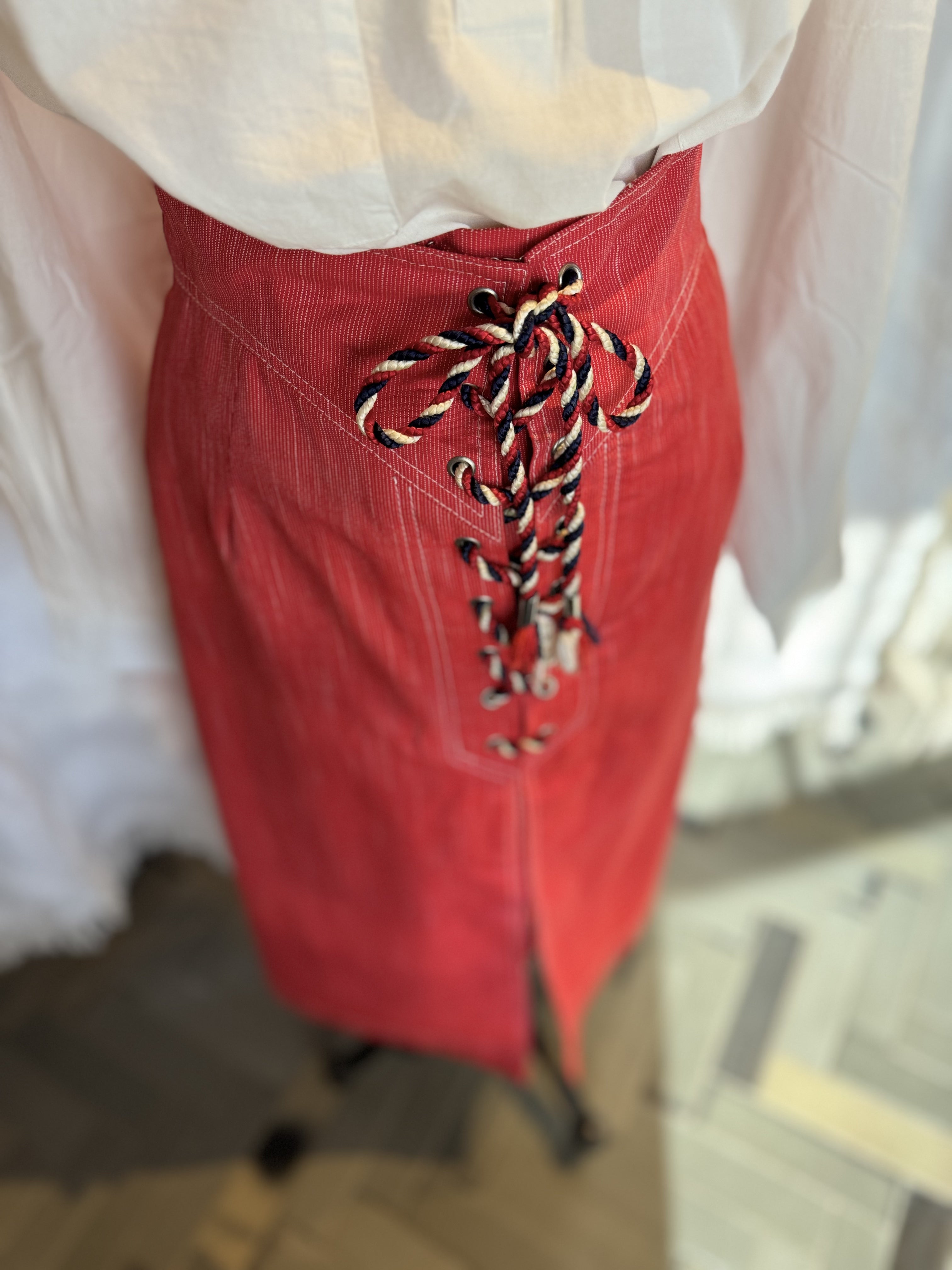 Jaeger Red Pinstripe Skirt w/cord closure