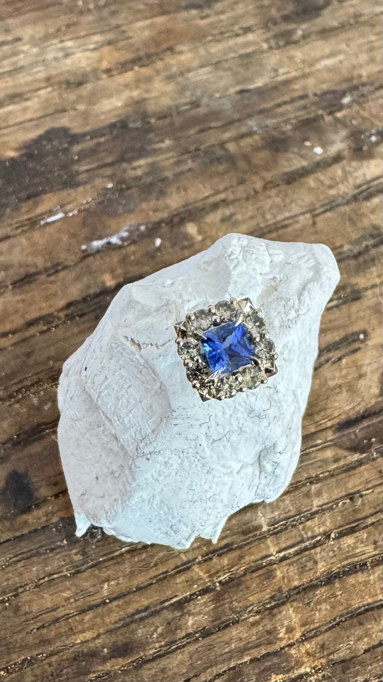 Princess Cut Blue Sapphire + Grey Sapphire Halo by Carla Morrison