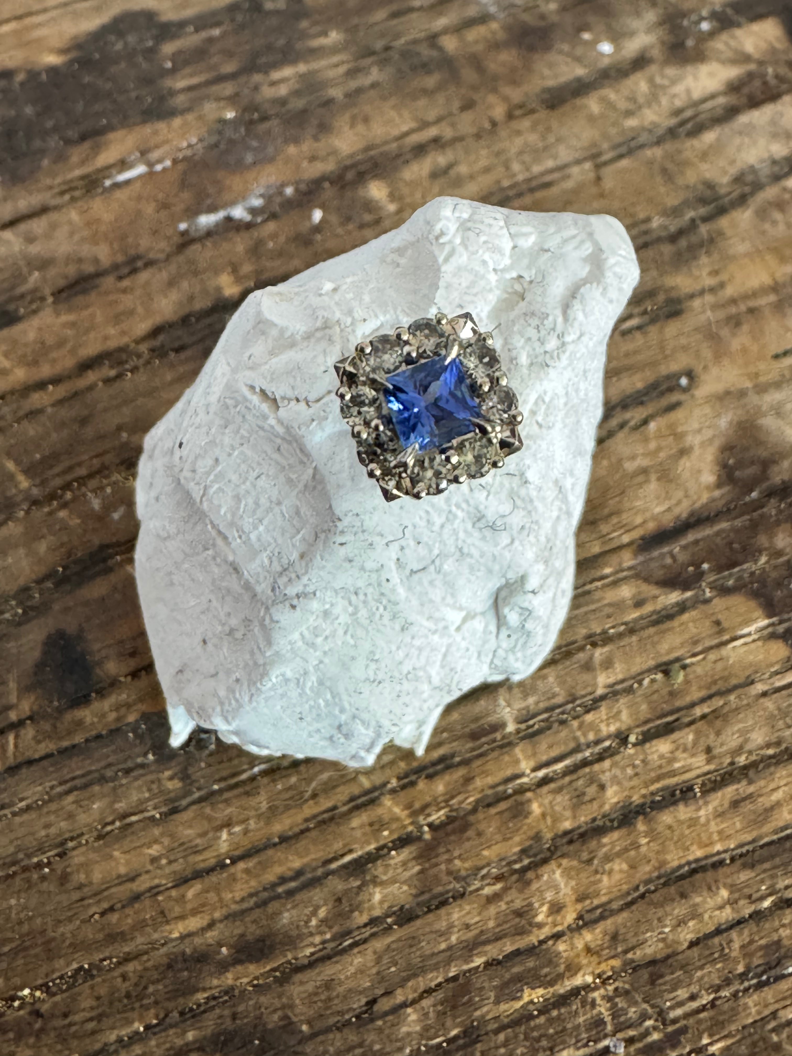 Princess Cut Blue Sapphire + Grey Sapphire Halo by Carla Morrison
