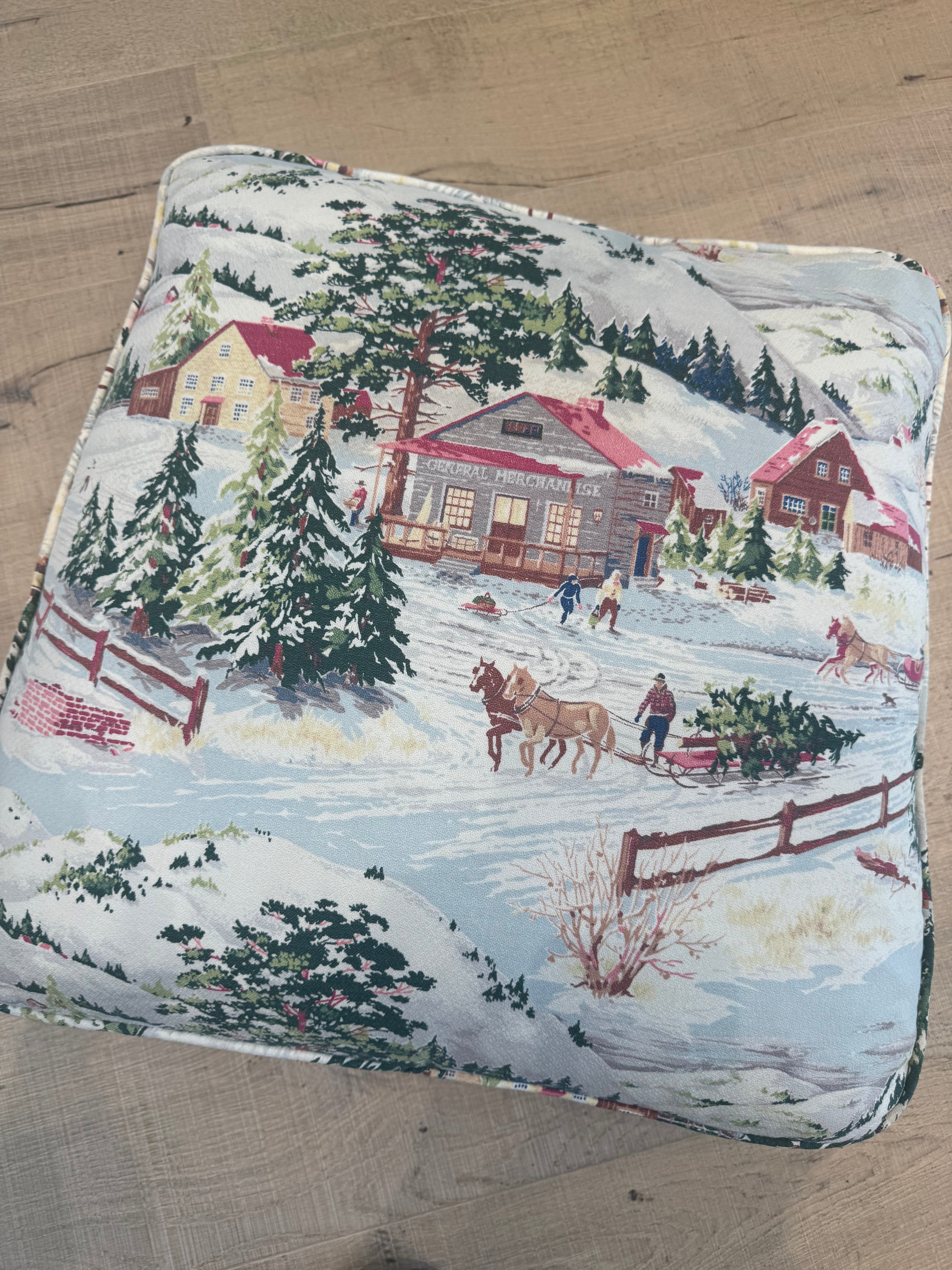 Barkcloth Winter Scene Floor Cushion