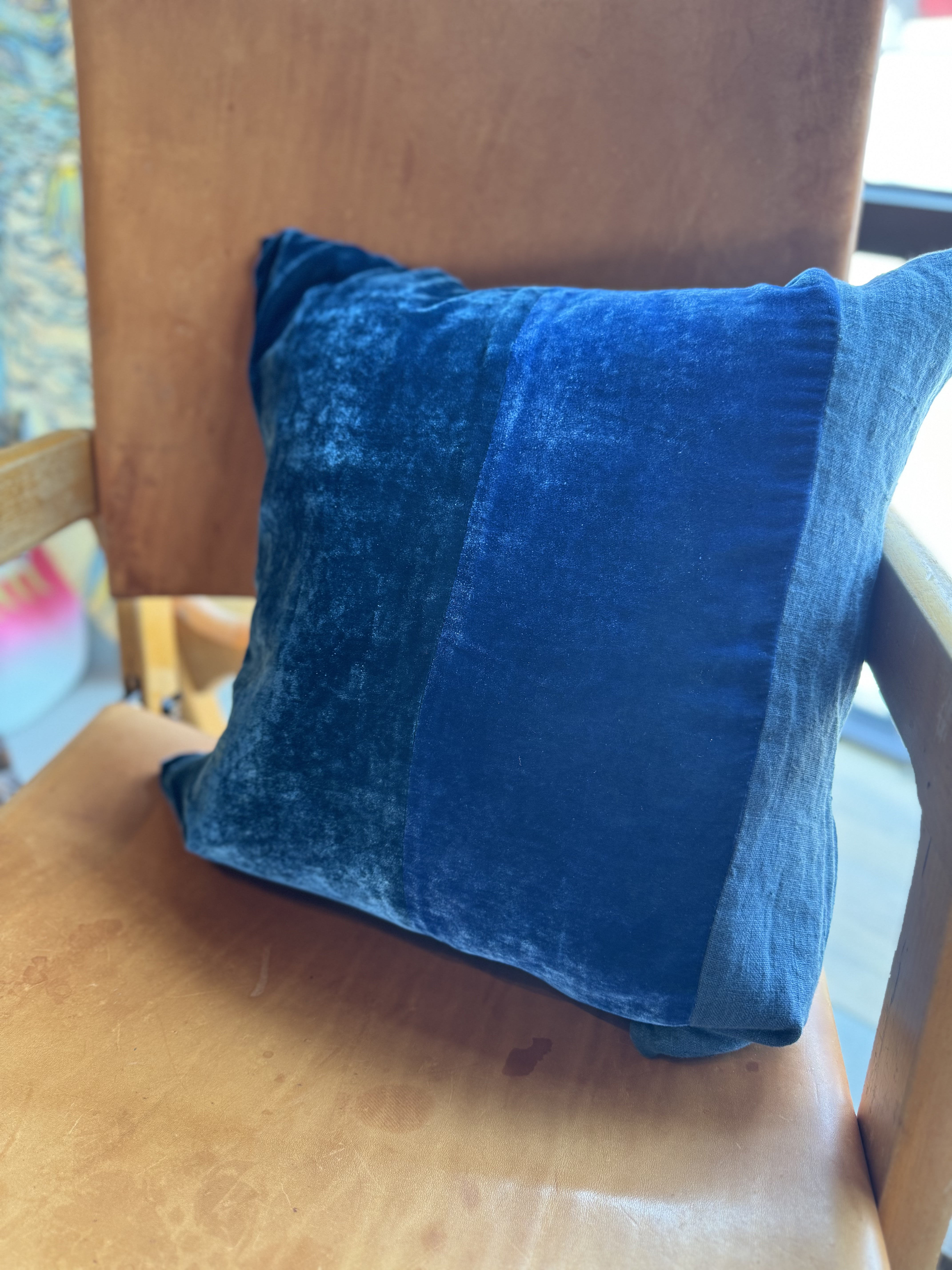 Natural Indigo Dyed Silk Velvet & Linen Patchwork Pillow