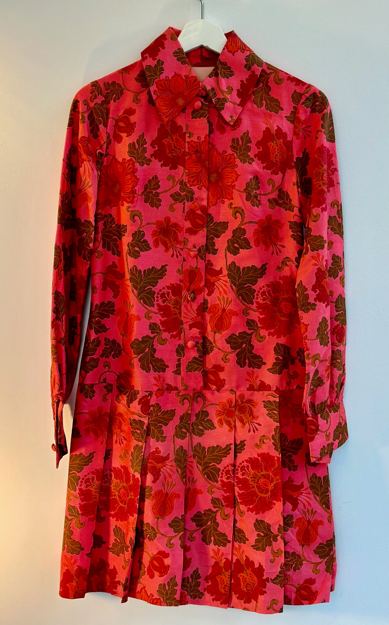 Poppy Colored Silk Drop Waist Pleated Vintage Dress