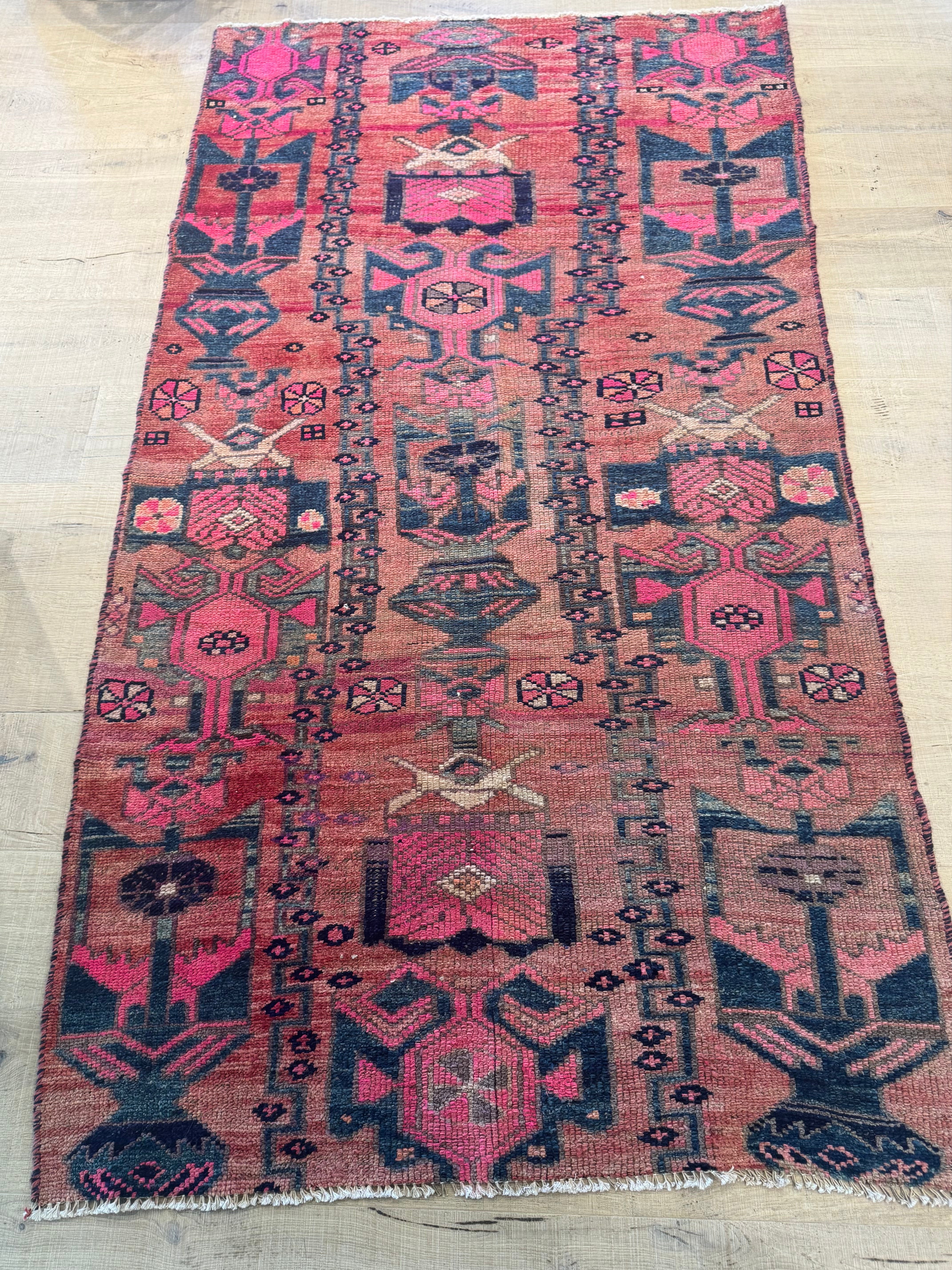 Red, Pink & Dark Navy Geometric Persian Rug | 42"W x 8'L