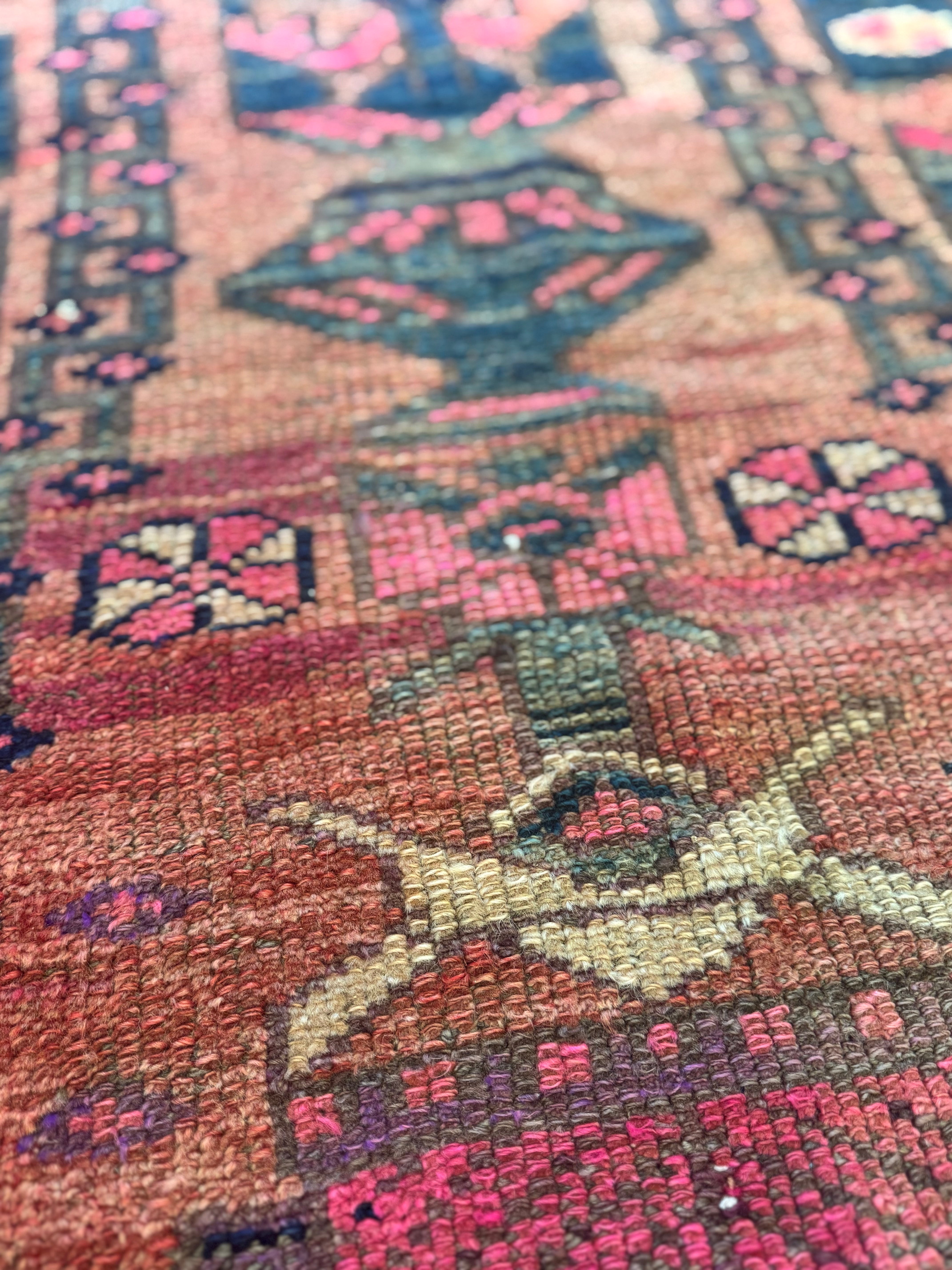 Red, Pink & Dark Navy Geometric Persian Rug | 42"W x 8'L