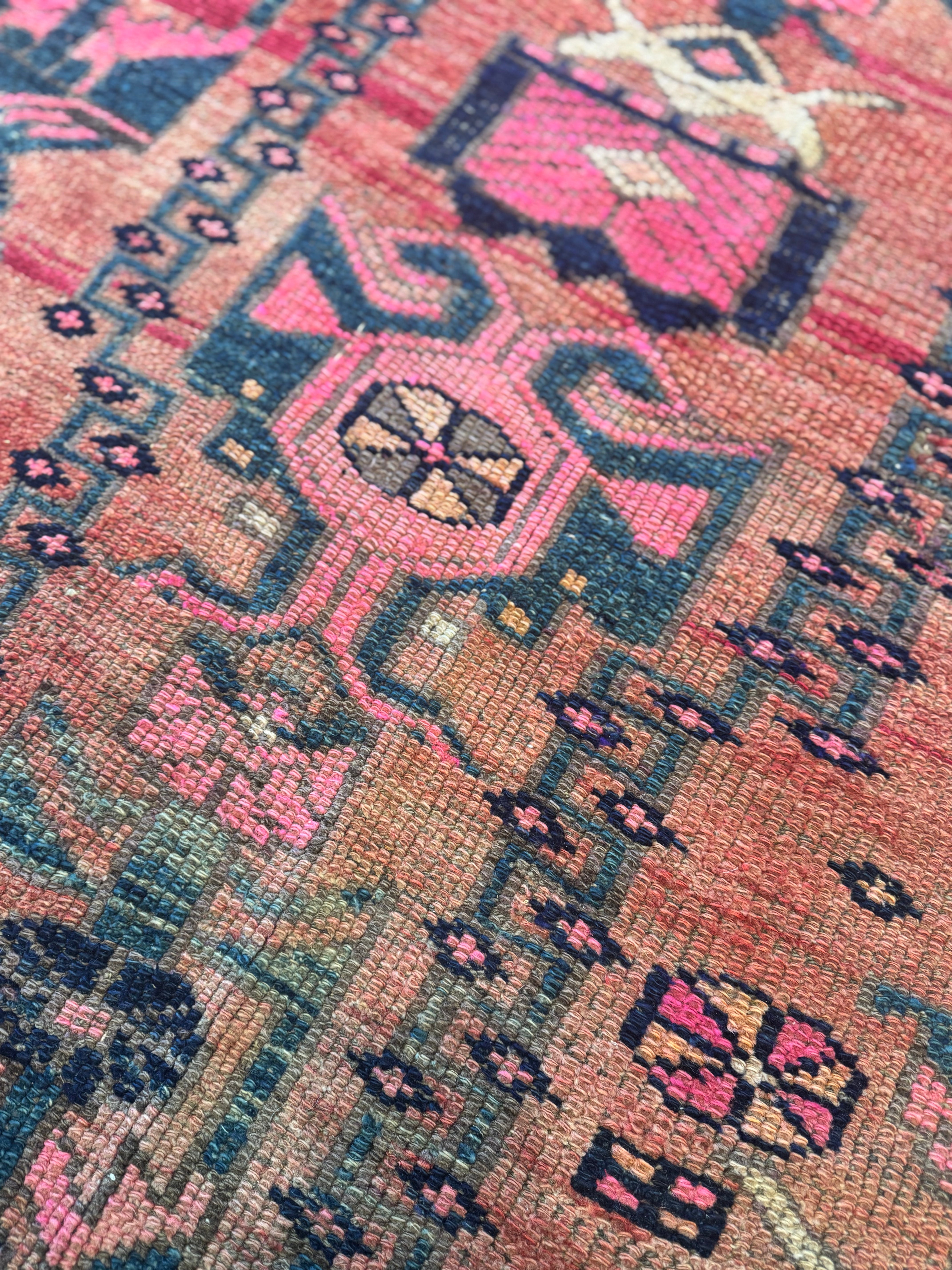 Red, Pink & Dark Navy Geometric Persian Rug | 42"W x 8'L