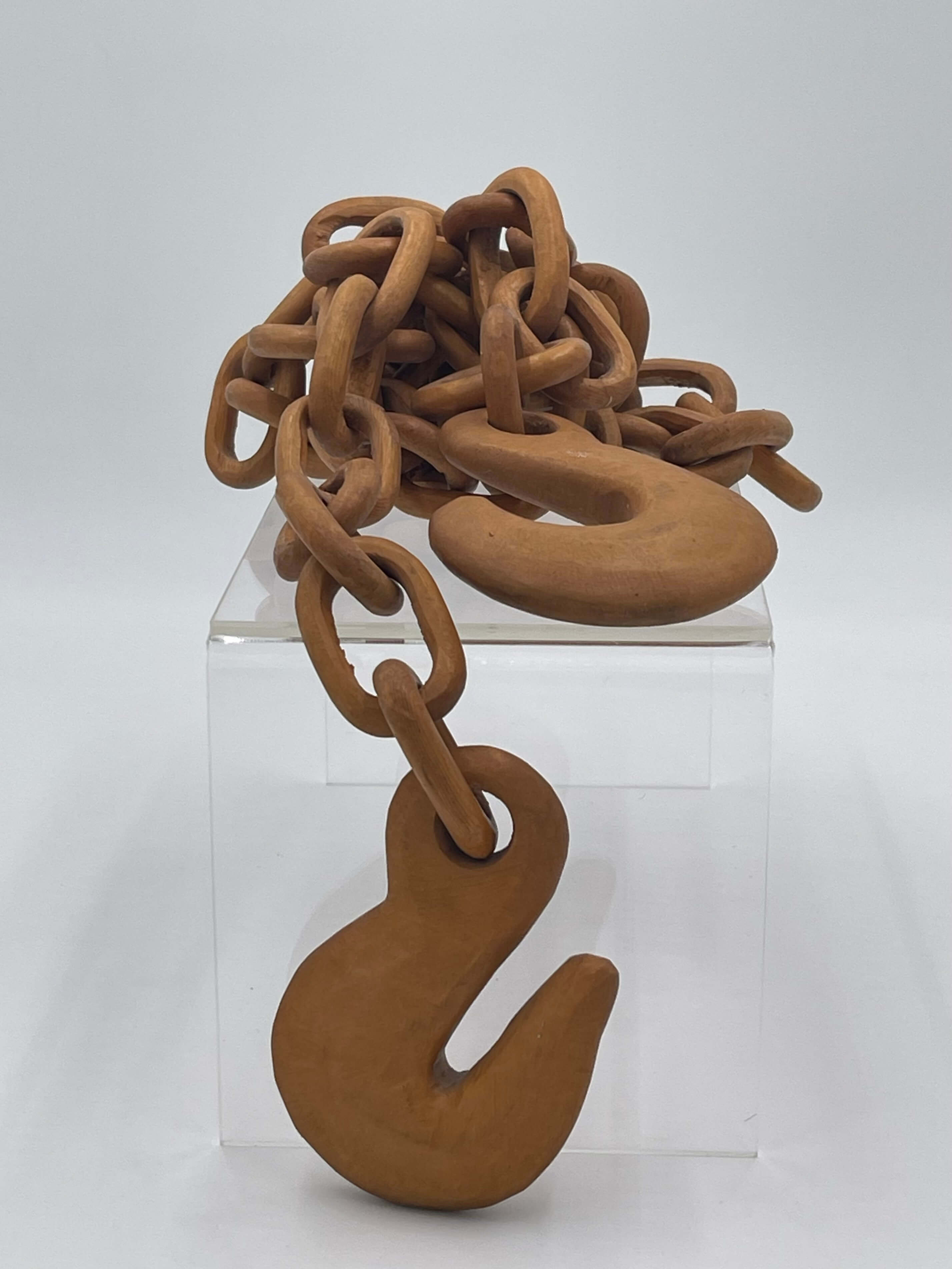 Folk Art Long Continuously Carved Wood Chain with Hooks