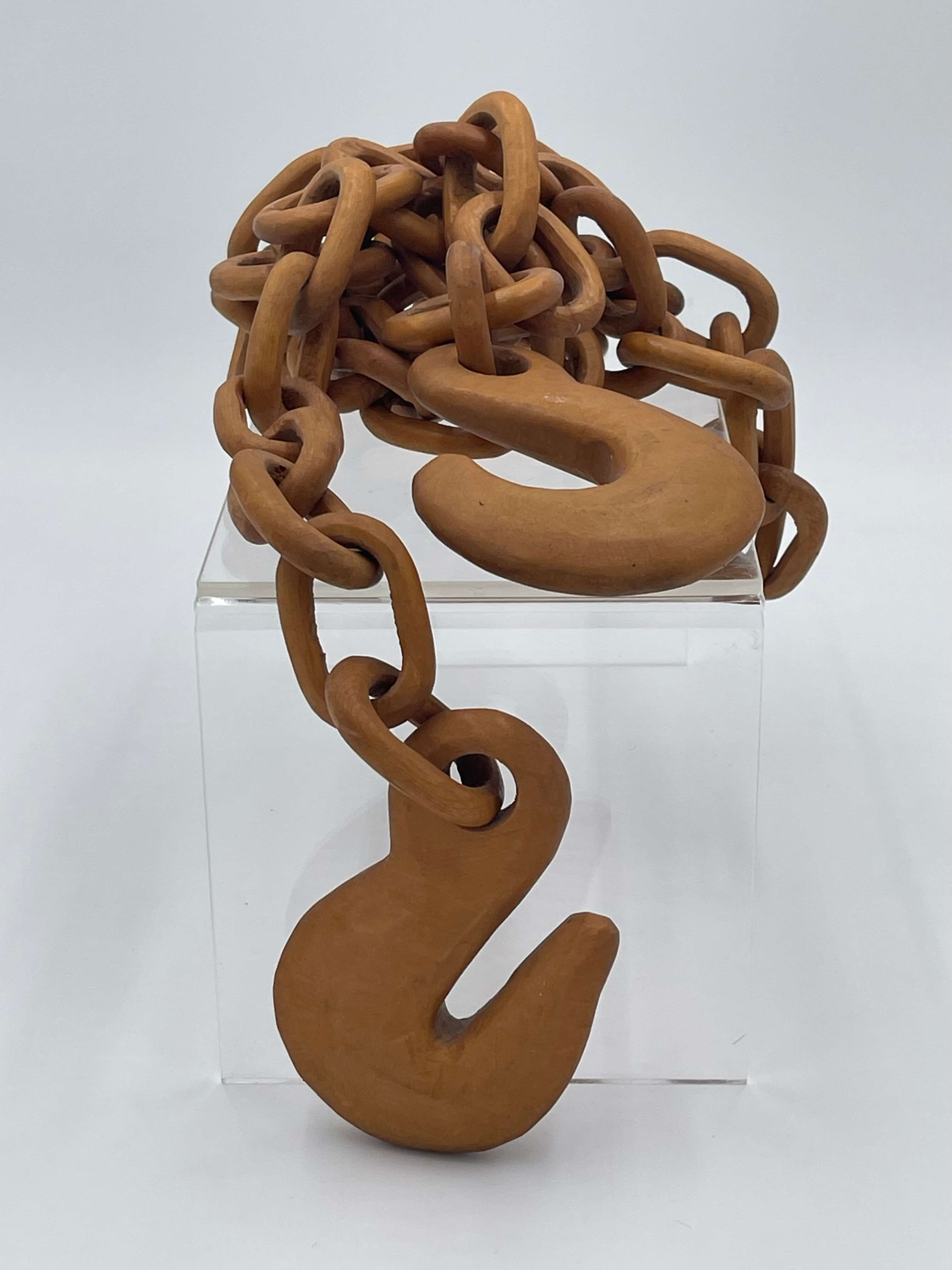 Folk Art Long Continuously Carved Wood Chain with Hooks