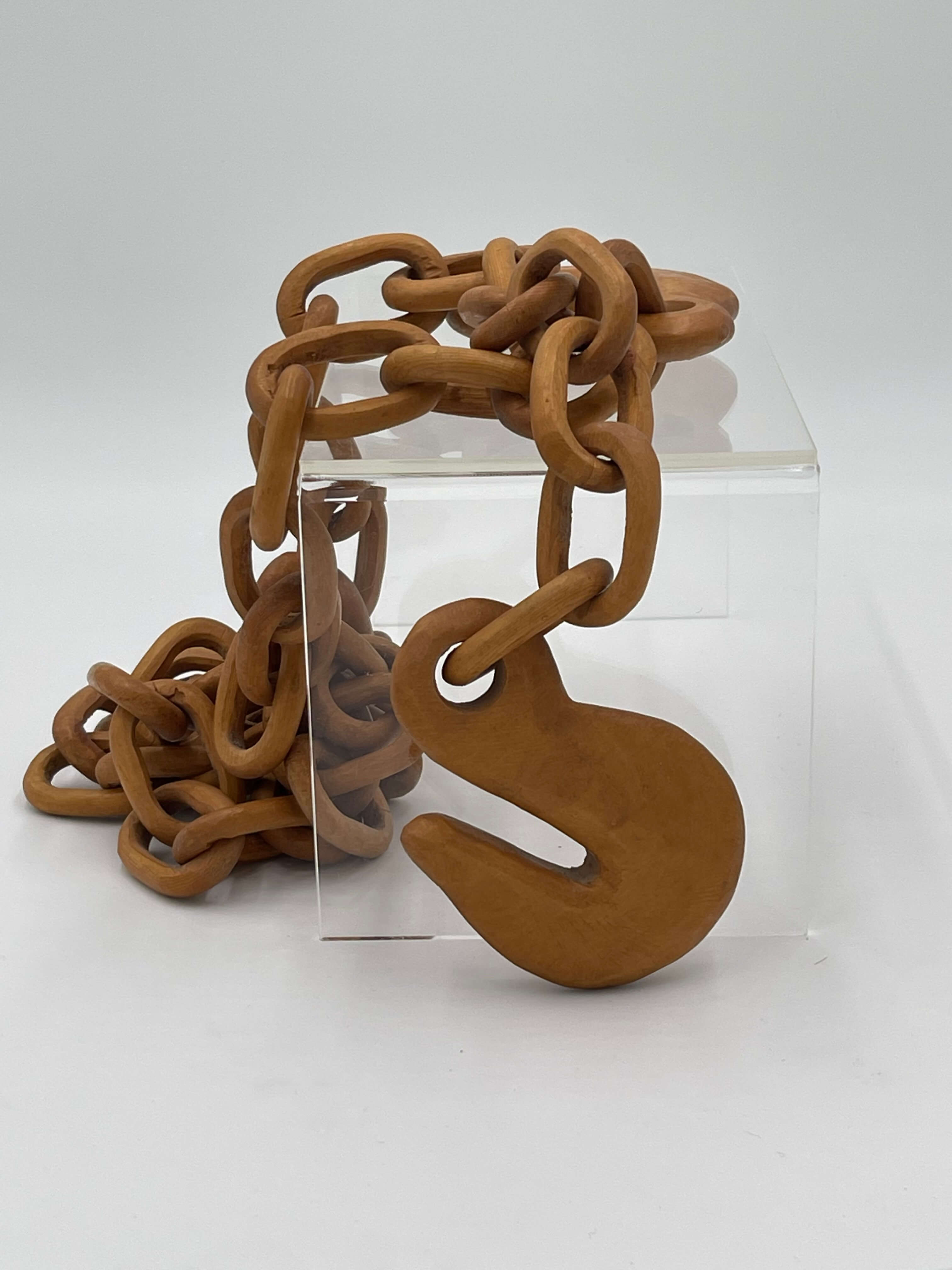 Folk Art Long Continuously Carved Wood Chain with Hooks