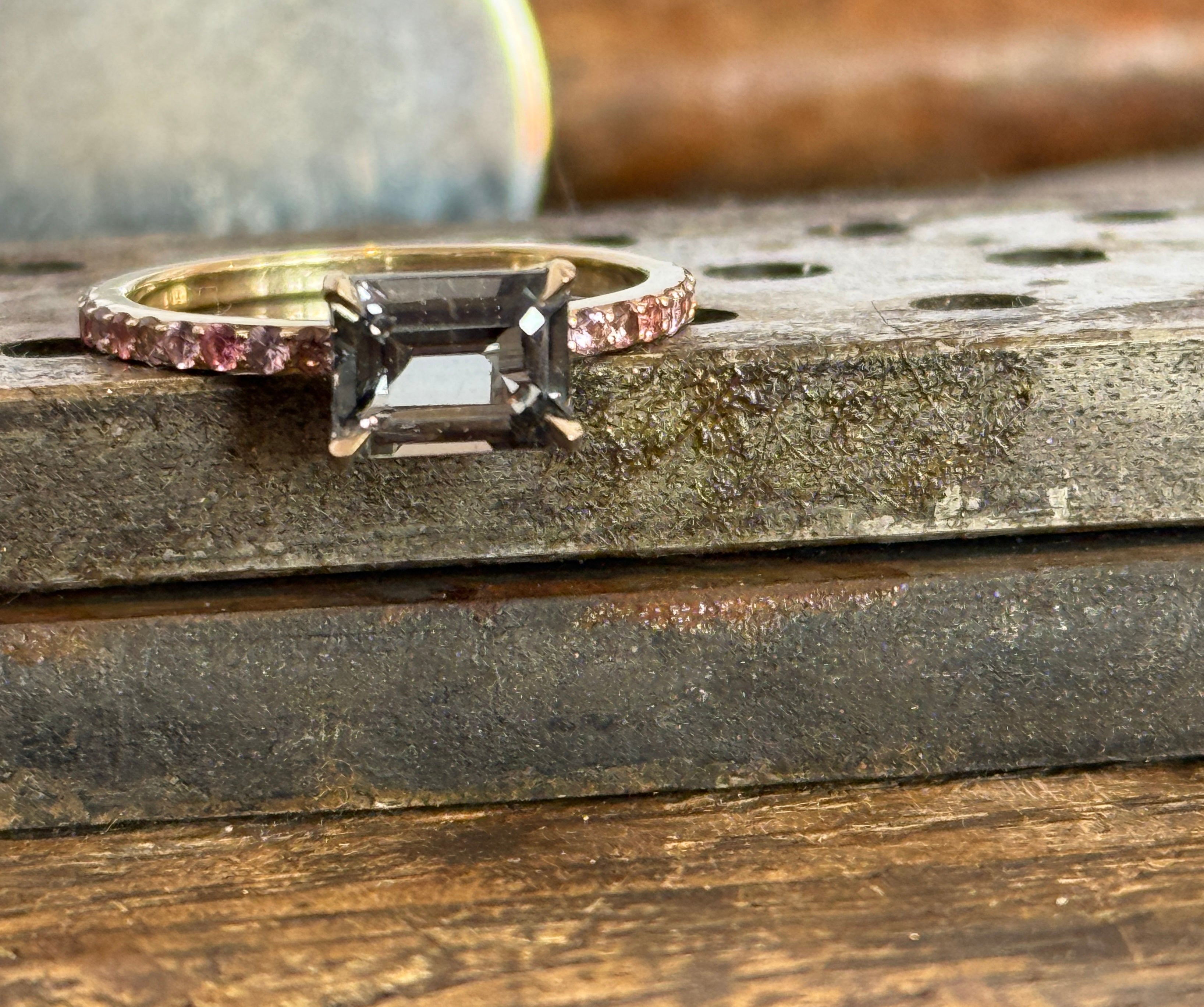 Emerald Cut Grey Spinel + Pink Sapphire Ring by Carla Morrison