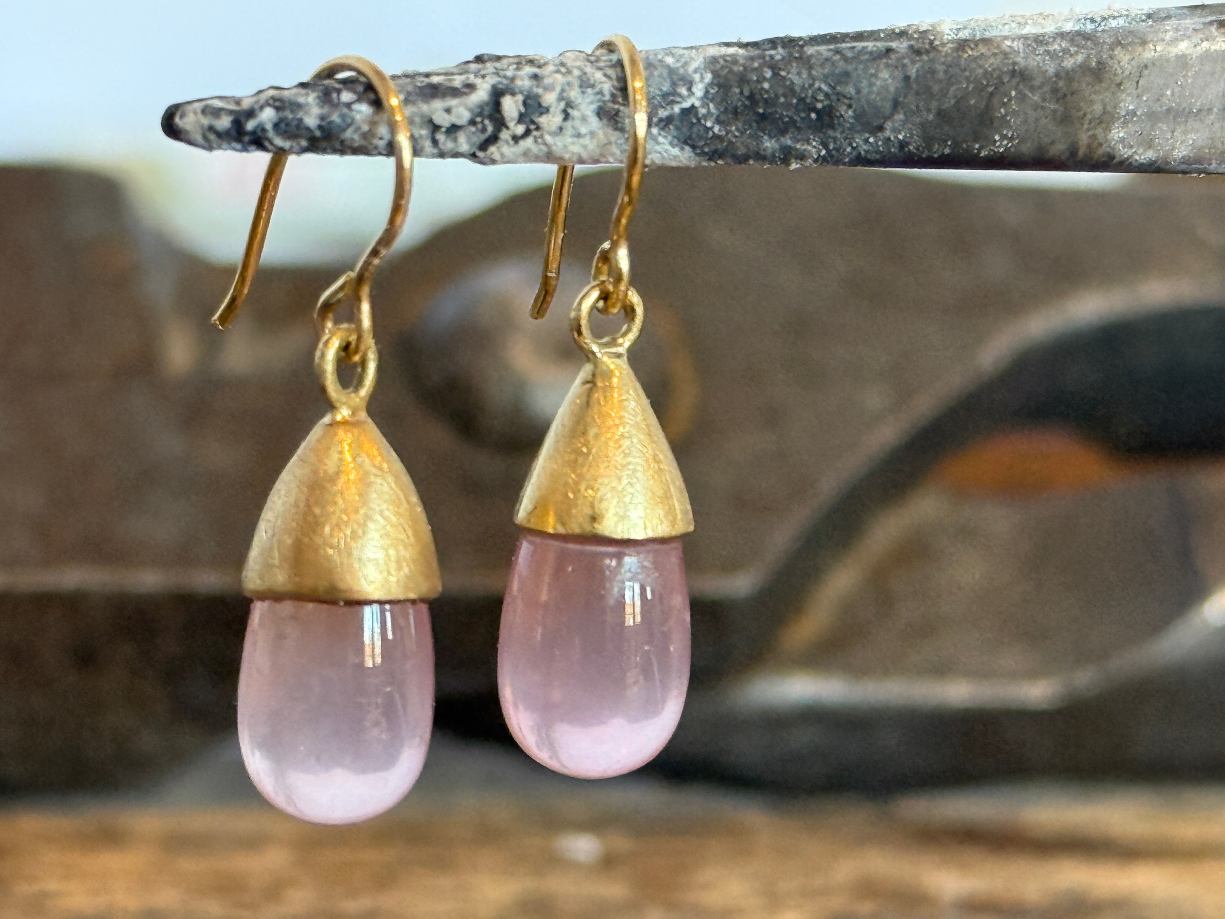 Rose Quartz Gem Drops 18K Gold Earrings by Carla Morrison