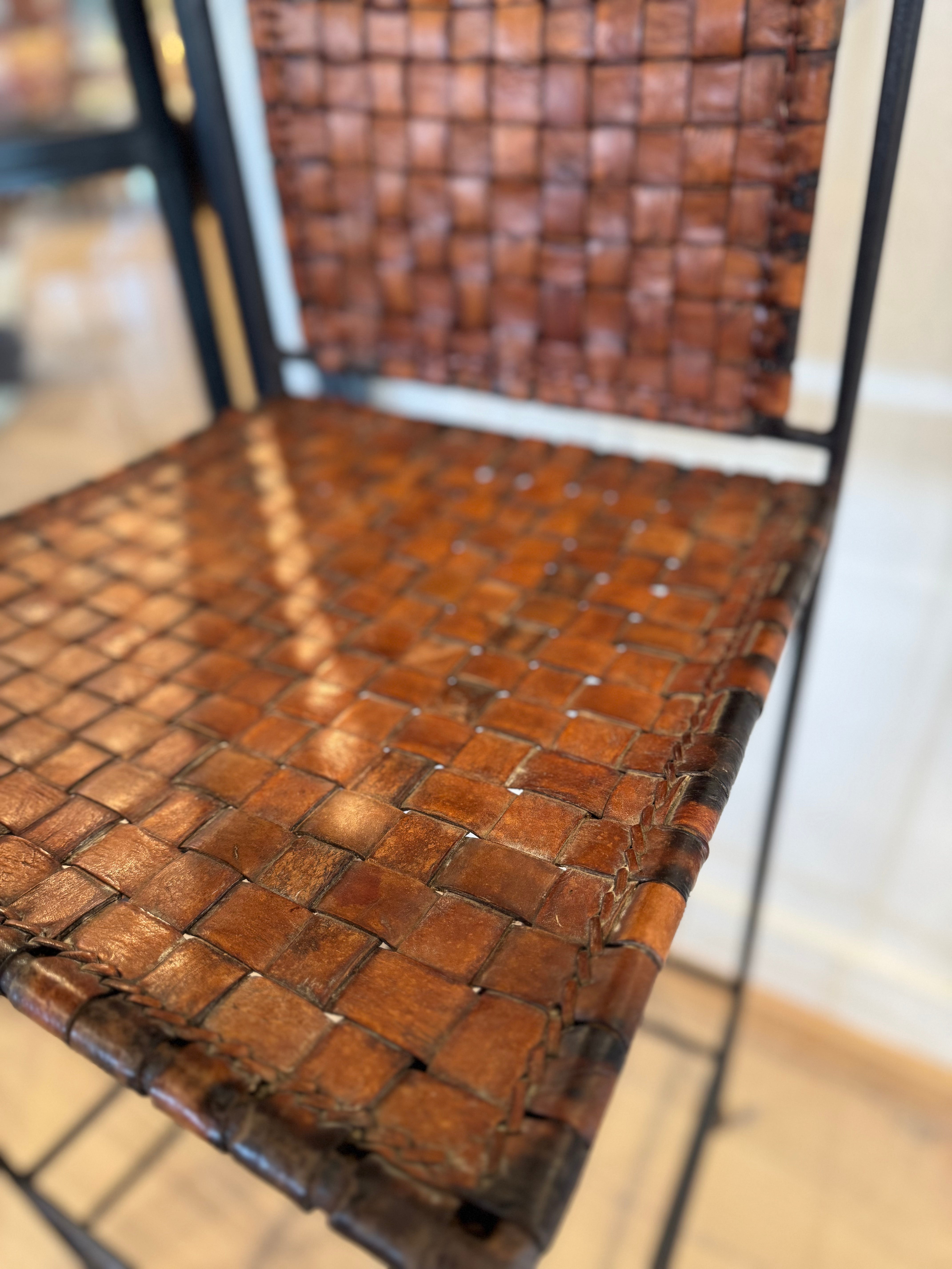 Hand Forged Iron & Leather Woven Stool