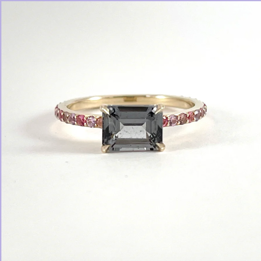 Emerald Cut Grey Spinel + Pink Sapphire Ring by Carla Morrison