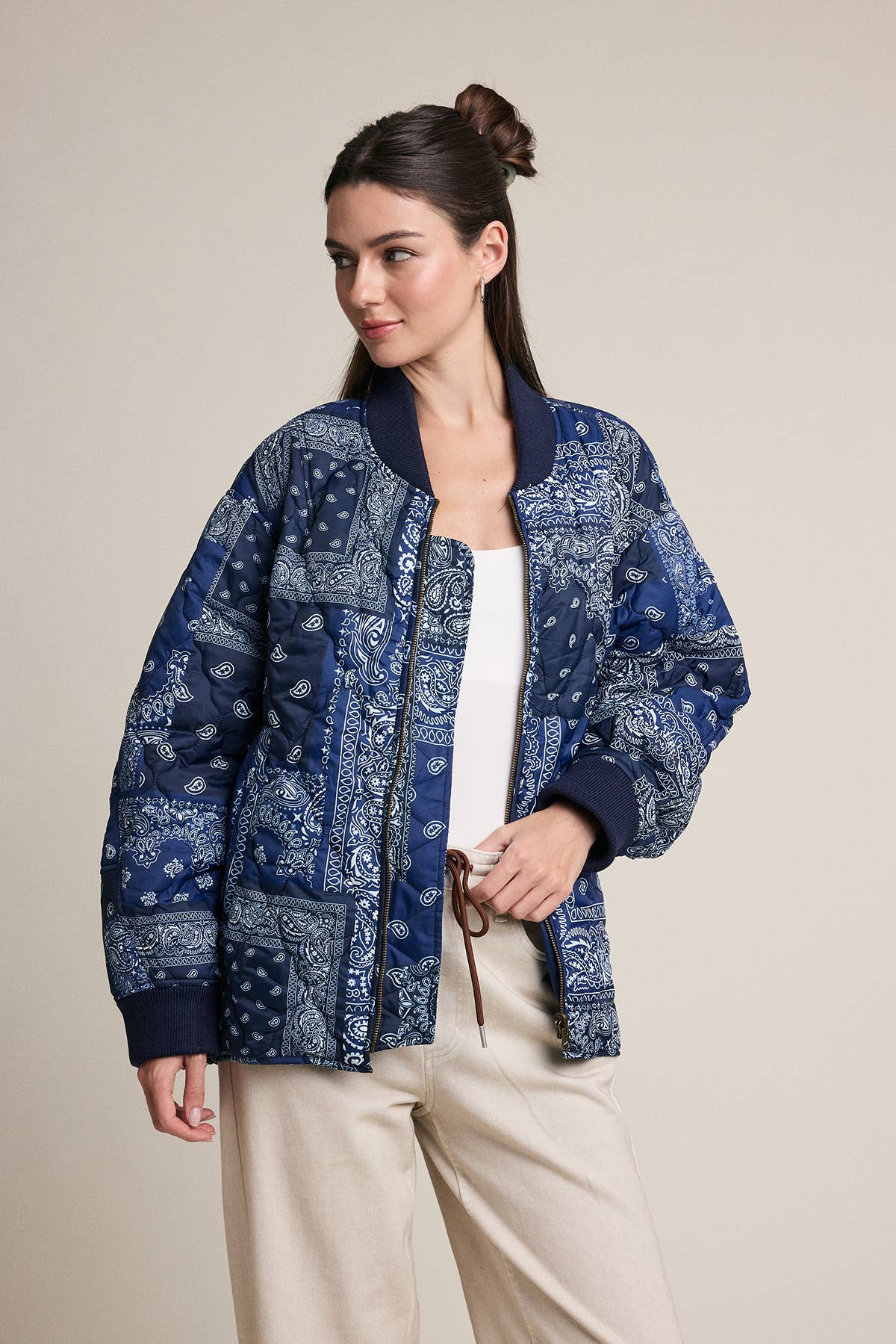 Bandana Print Quilted Bomber Jacket