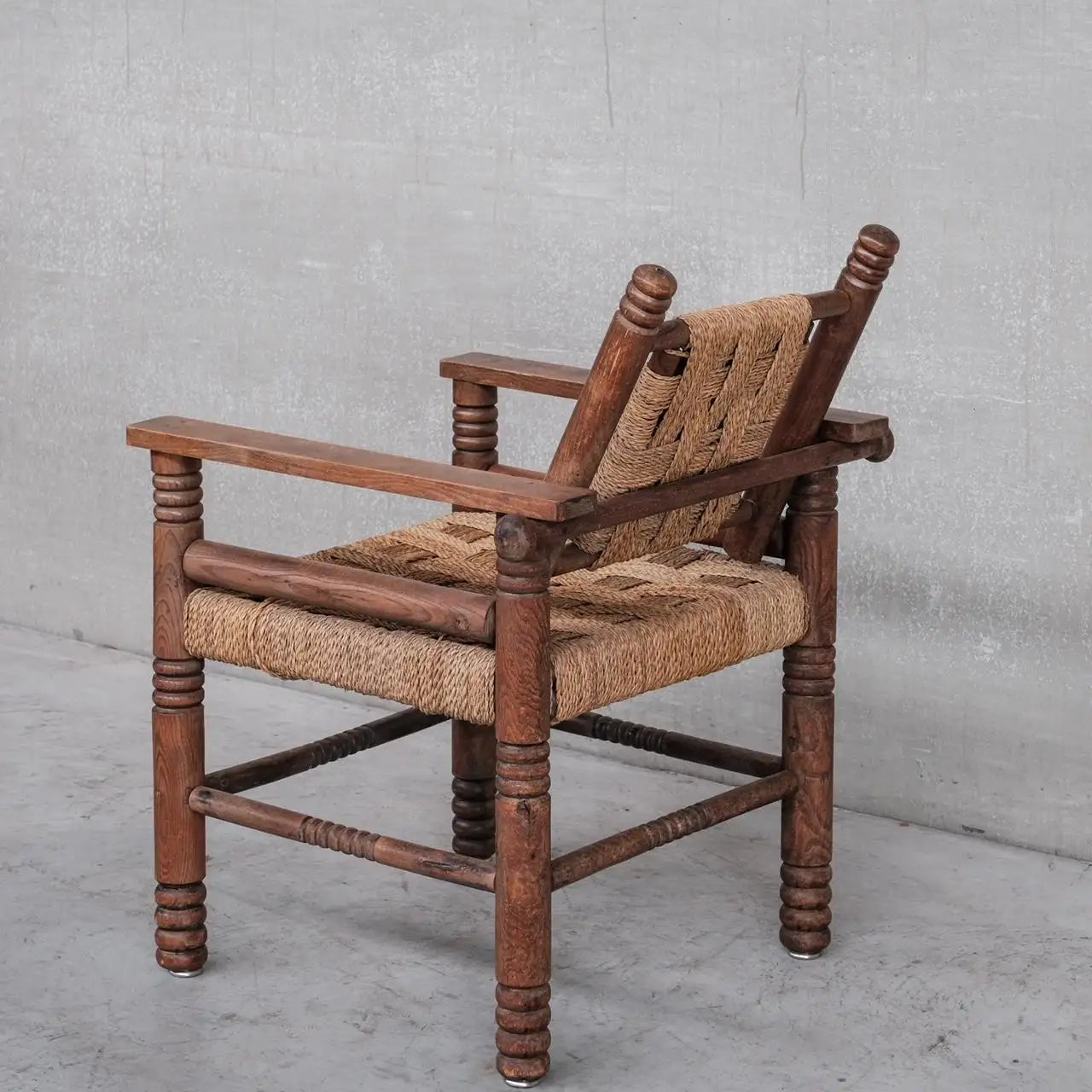MCM Pair of Rush Oak Arm Chair In the Style of Charles Dudouyt