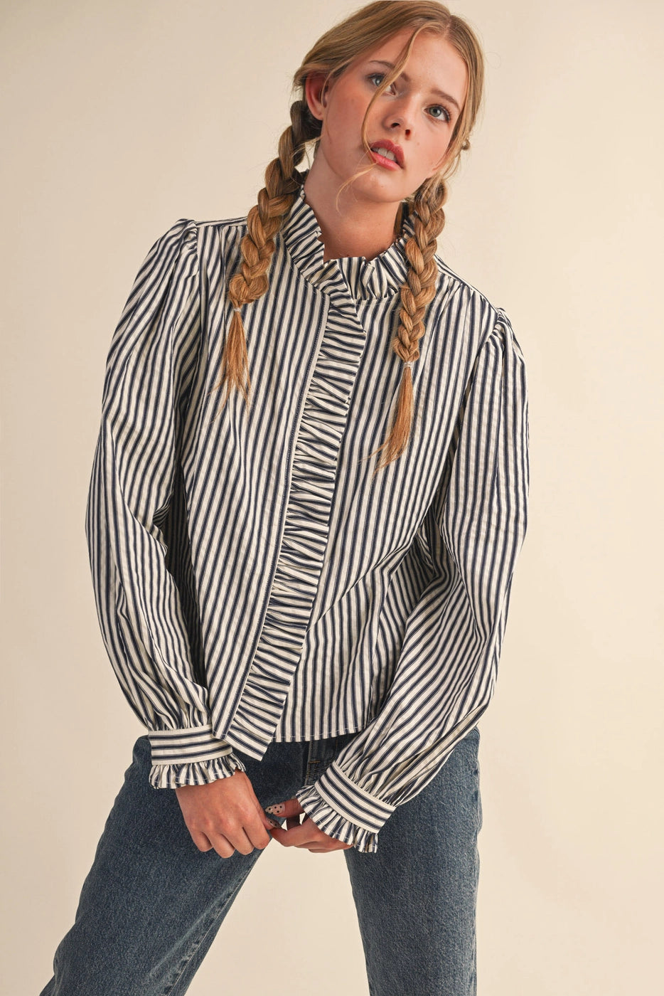 STRIPED RUFFLED BUTTON DOWN TOP