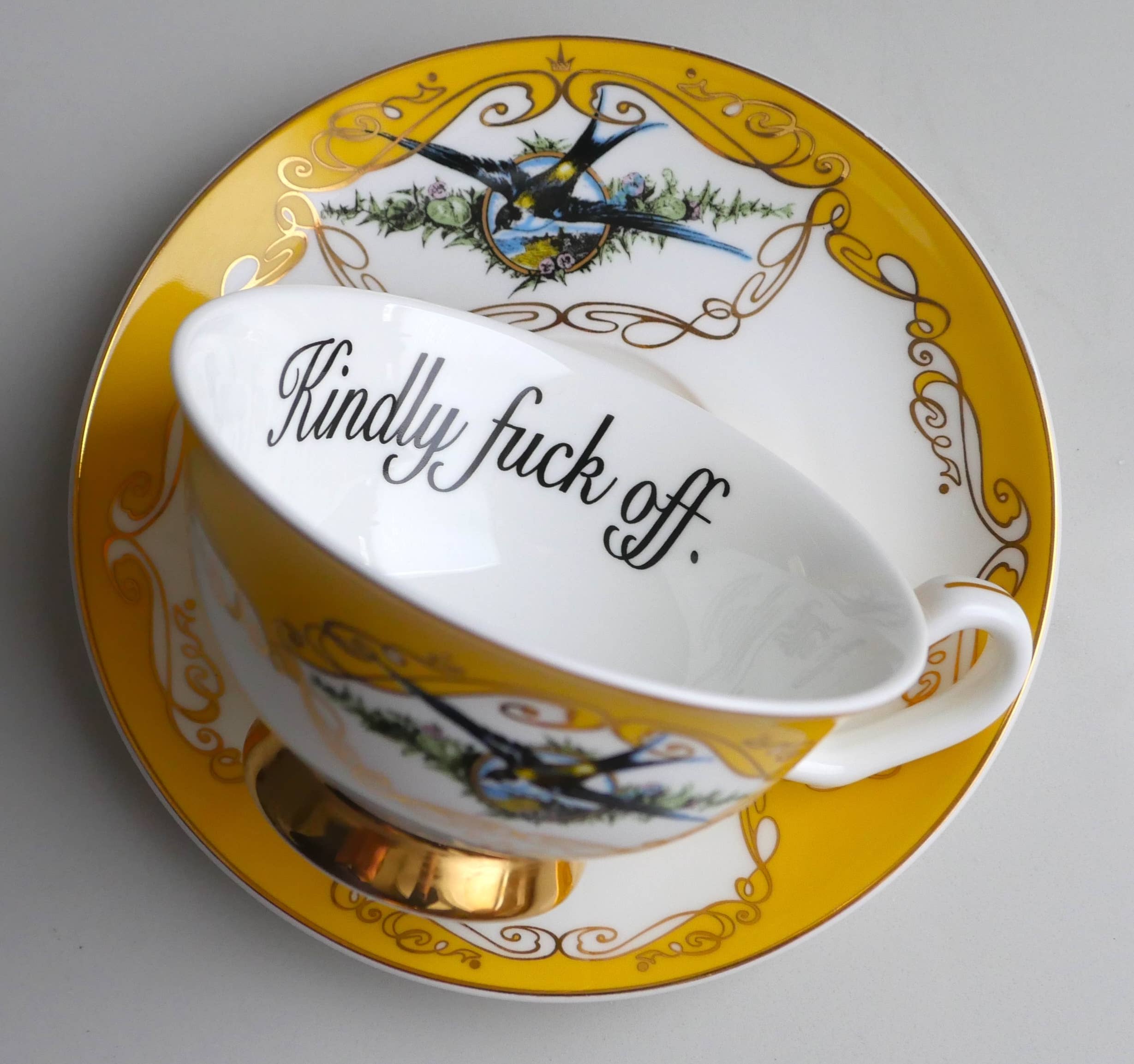 Kindly Fuck Off Teacup & Saucer Yellow Bird