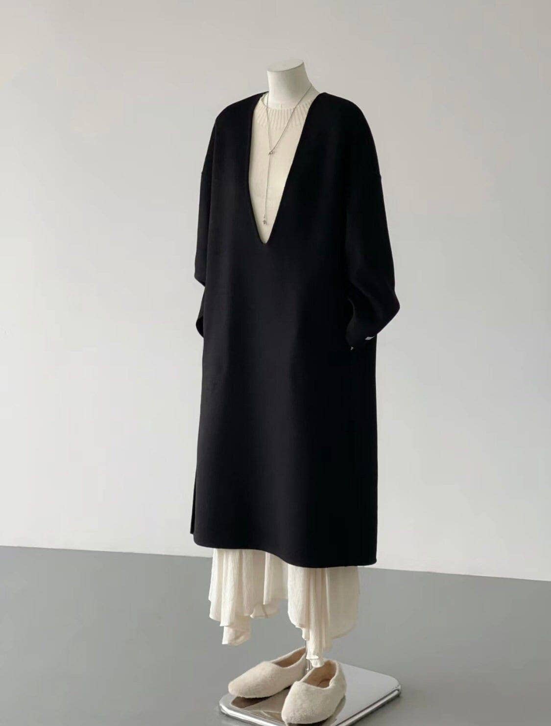 V-Neck Wool Coat Dress