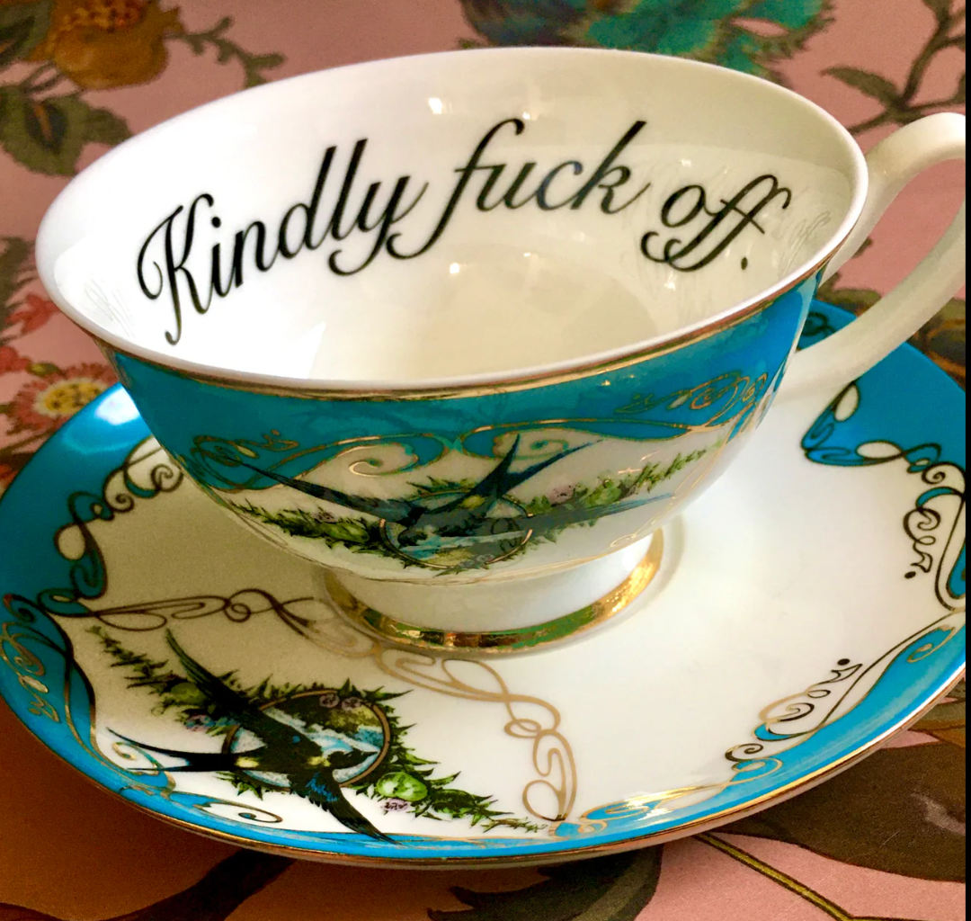 Kindly Fuck Off Teacup & Saucer Blue Bird