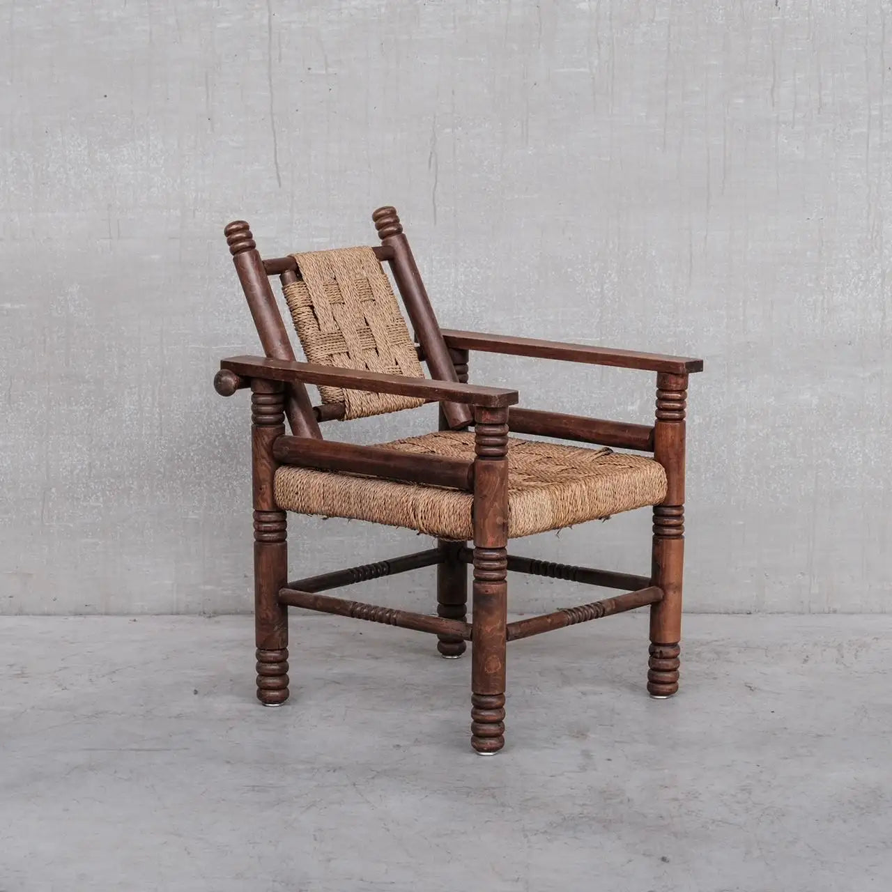 MCM Pair of Rush Oak Arm Chair In the Style of Charles Dudouyt