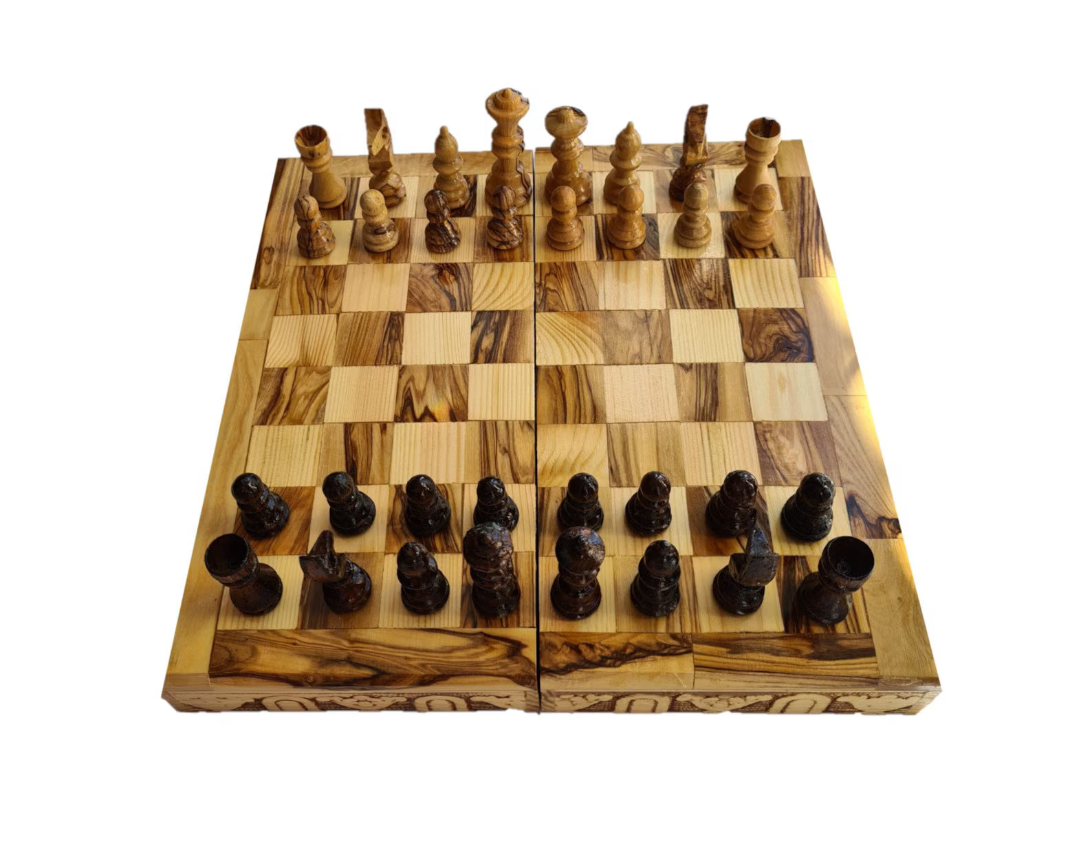 Handmade Olive Wood with Carved Figures, Folding Travel Board