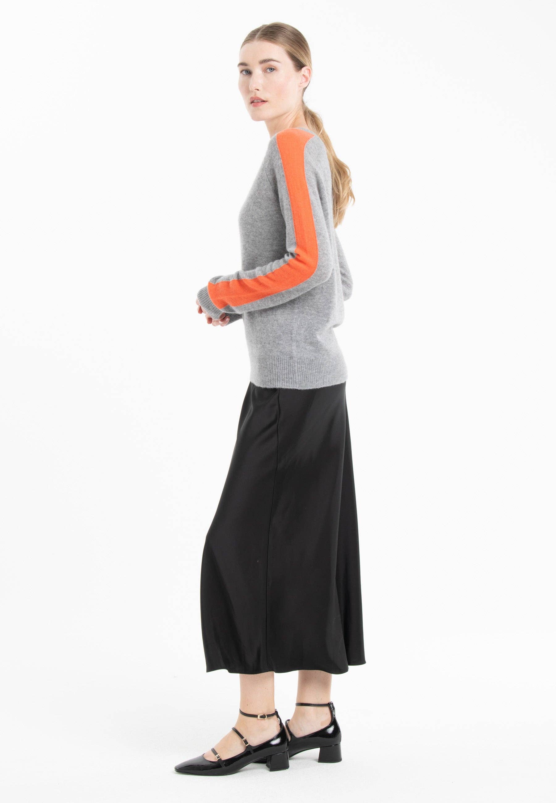 Cashmere V-neck Gray + Orange Stripe Sweater