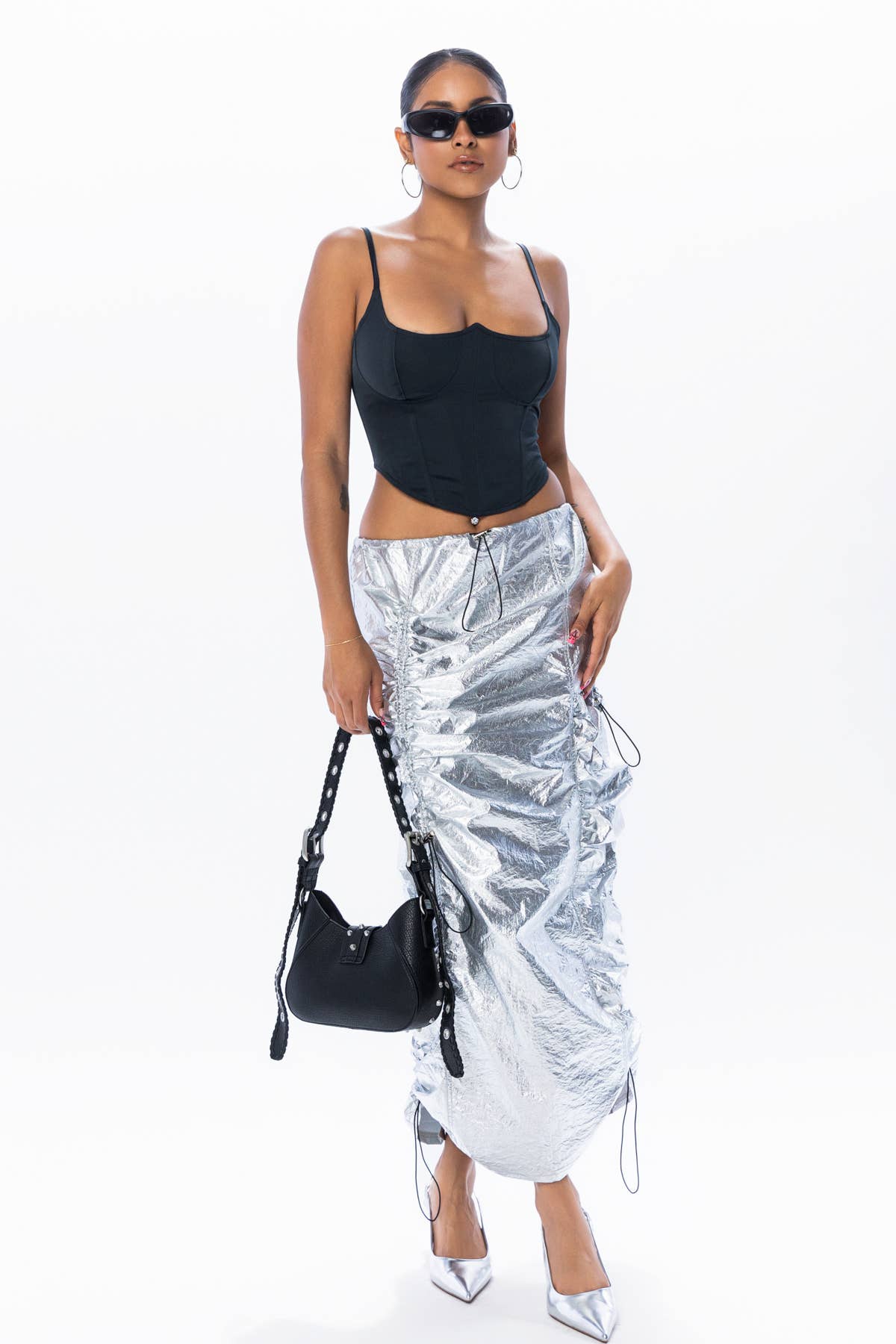 METALLIC SILVER RUCHED CARGO SKIRT