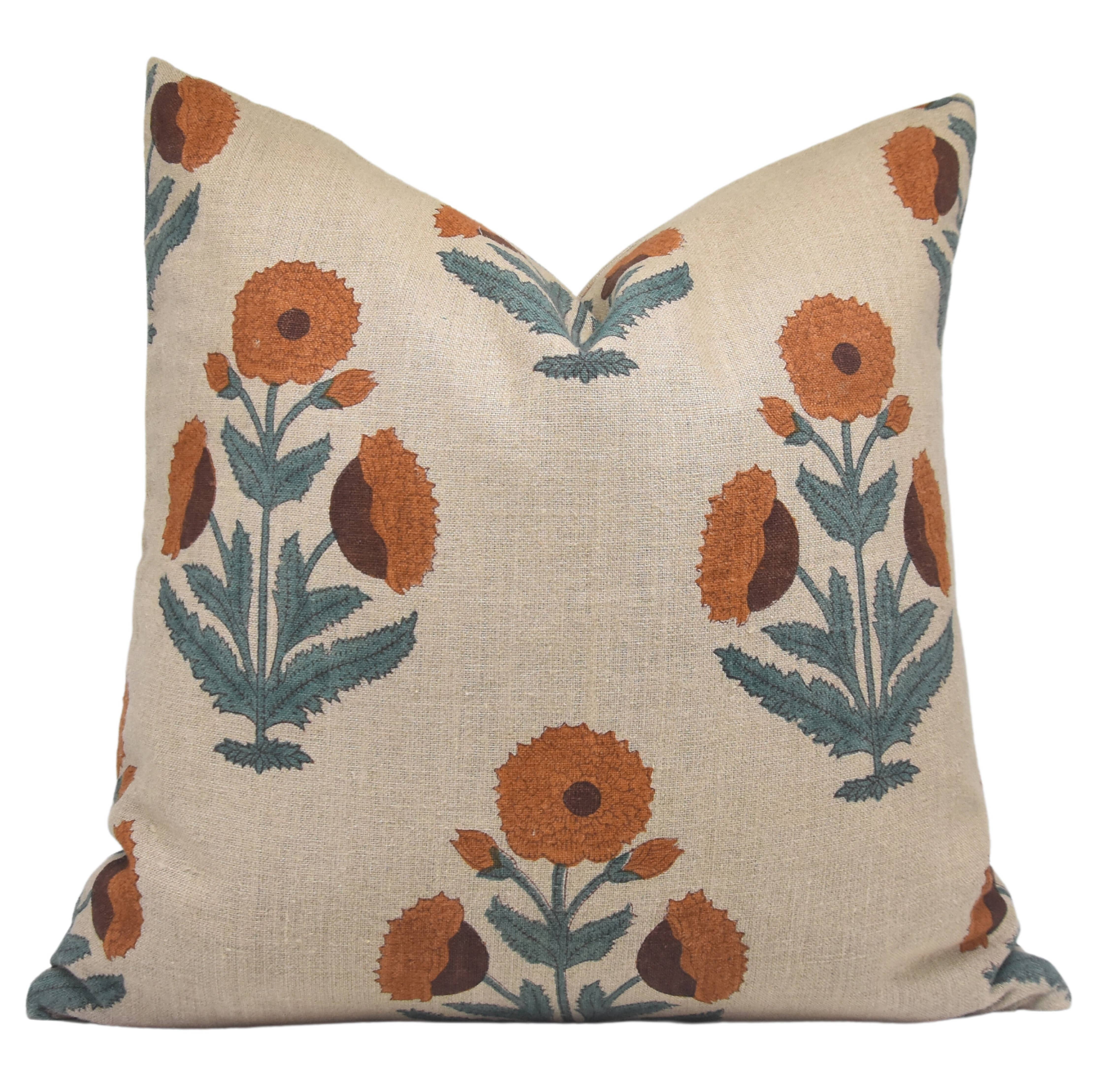 Orange Badshah Block Print Linen Pillow | 16x16