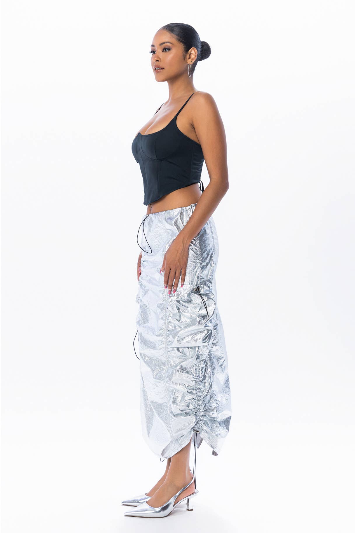 METALLIC SILVER RUCHED CARGO SKIRT