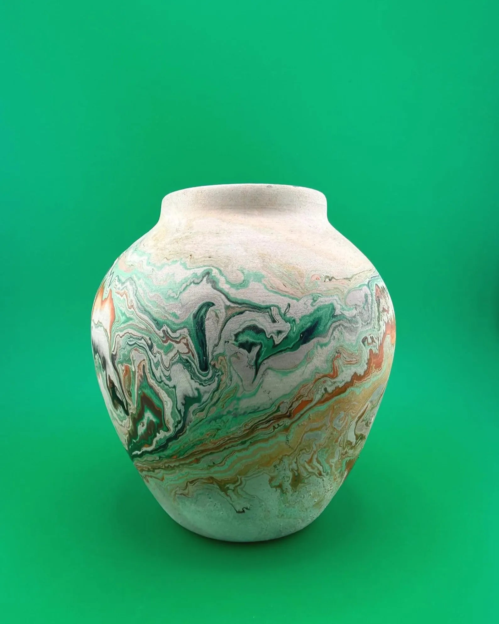 Marbled Green & Orange Nemadji Indian Pottery Vase, circa 1920-70's