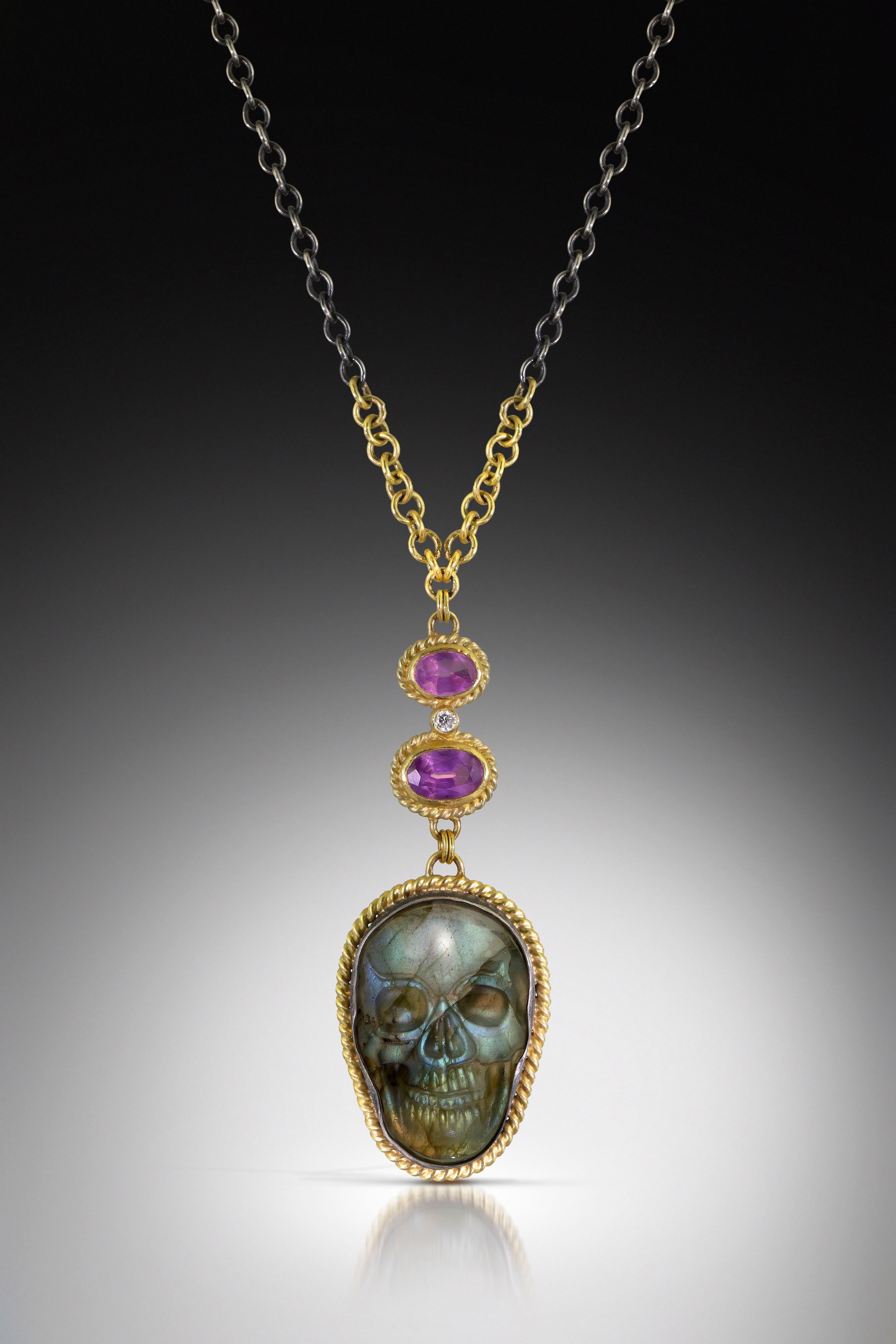 Labradorite Skull, Pink Sapphires, and Diamond Necklace by Jenny Foulkes
