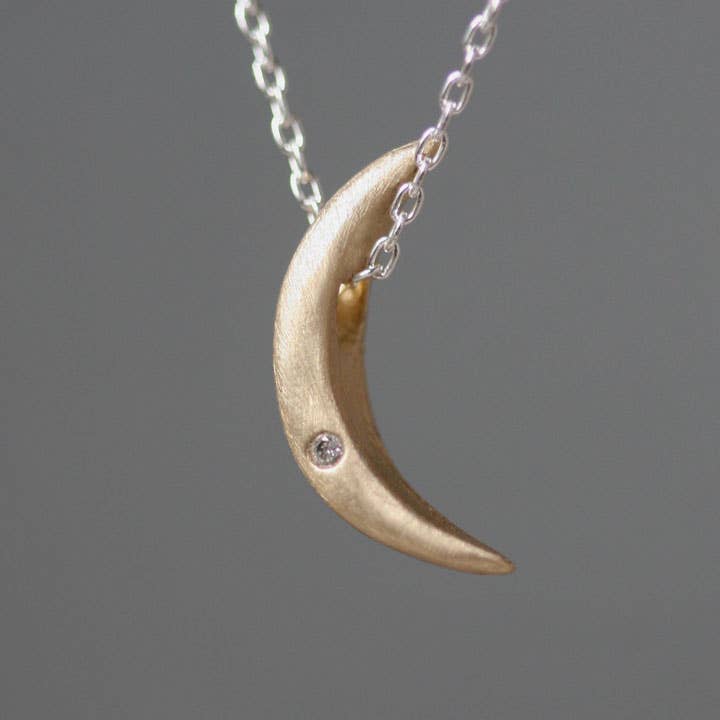 Crescent Moon Necklace in 14K Gold & Silver + Diamond