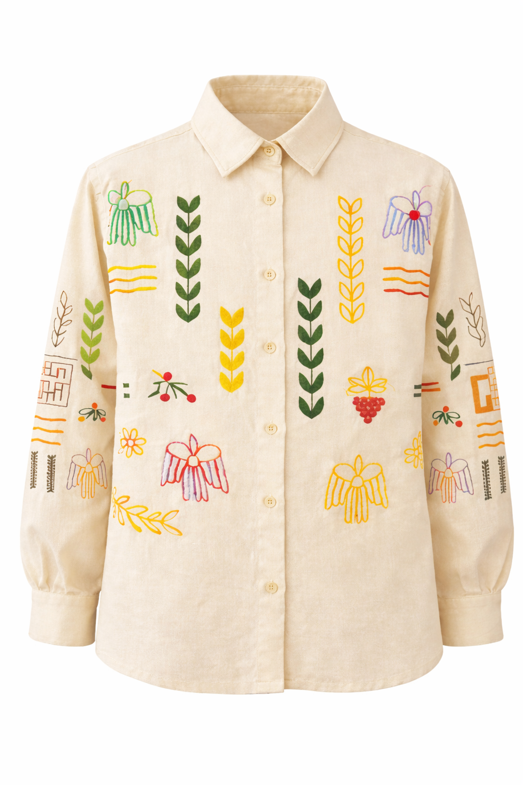 Cream Folk Embroidered Button-Down