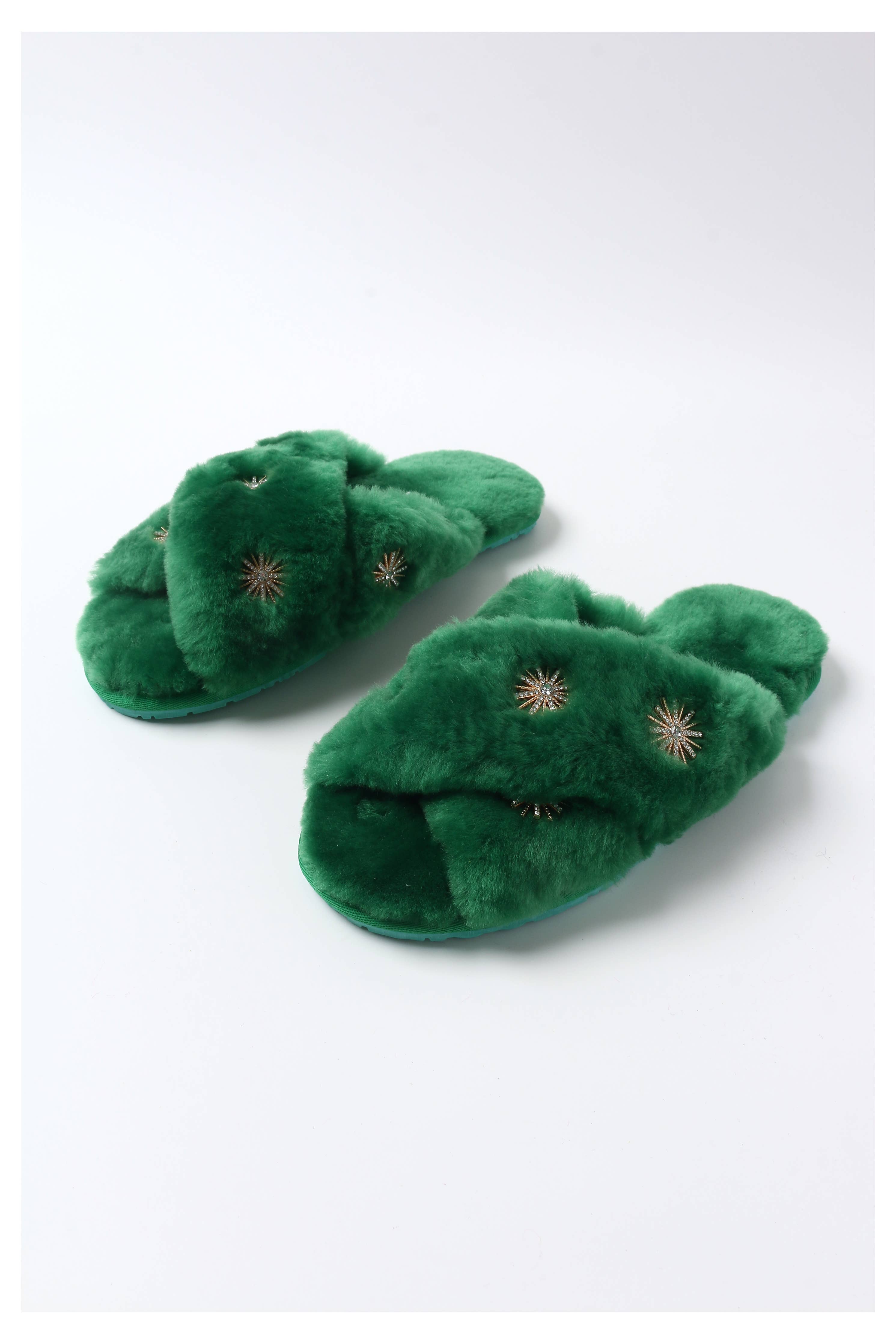 Sheepskin Slippers Green + Rhinestone