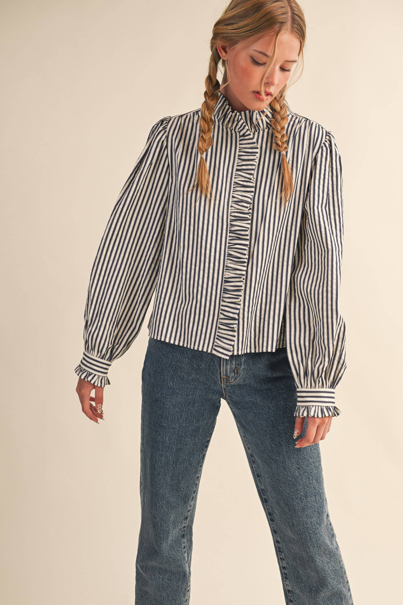 STRIPED RUFFLED BUTTON DOWN TOP