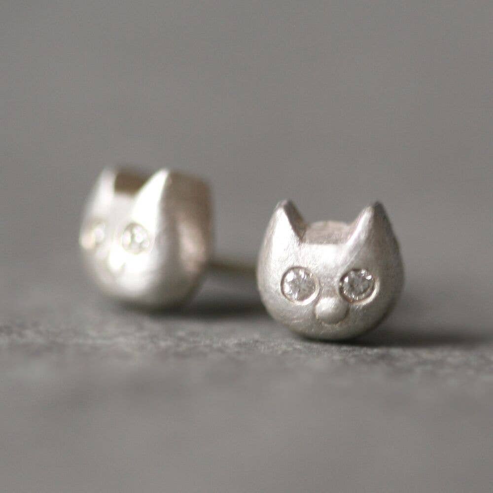 Baby Kitten Sterling Silver Earrings + Diamonds