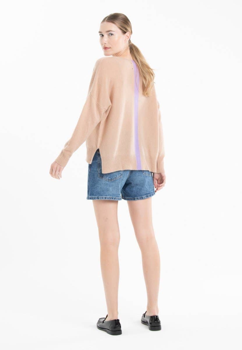 Cashmere V-neck Camel + Purple Stripe Sweater