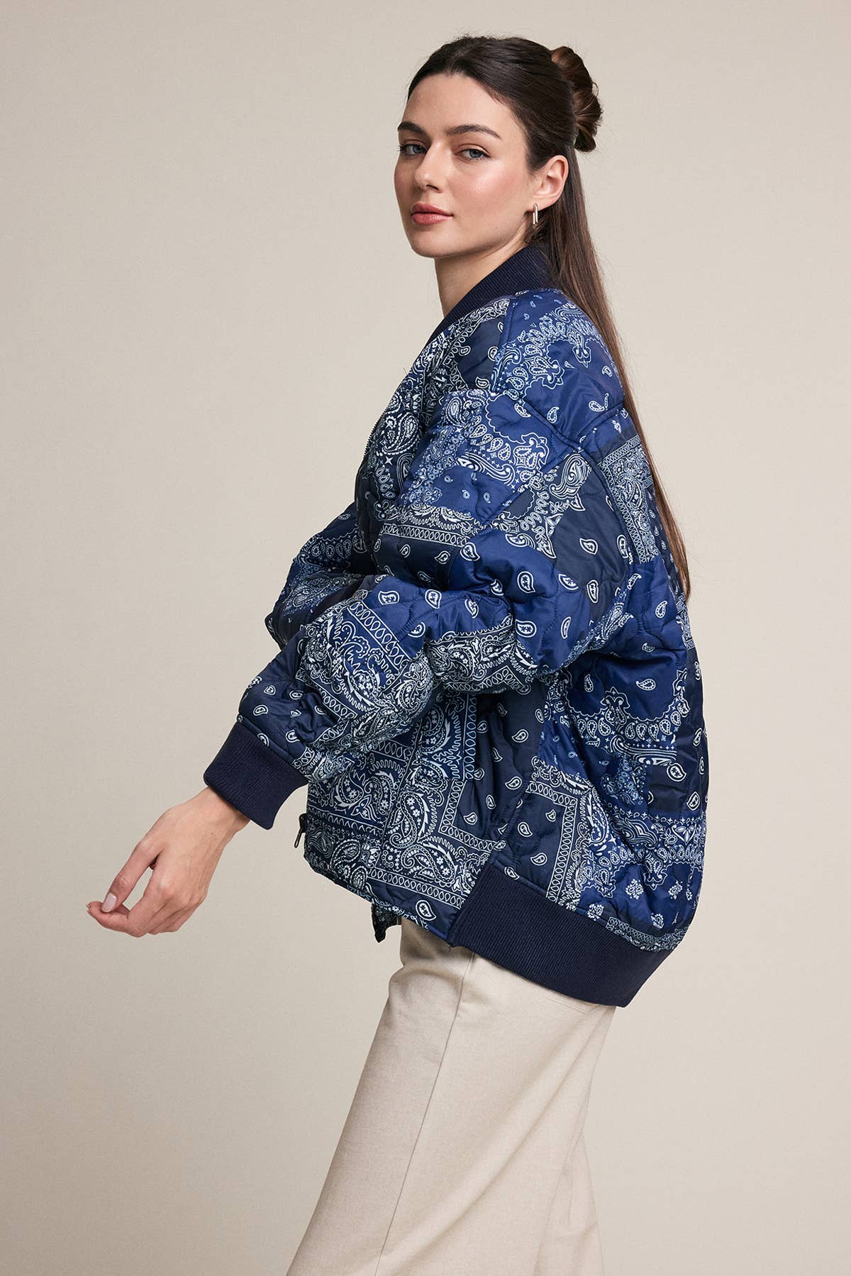 Bandana Print Quilted Bomber Jacket
