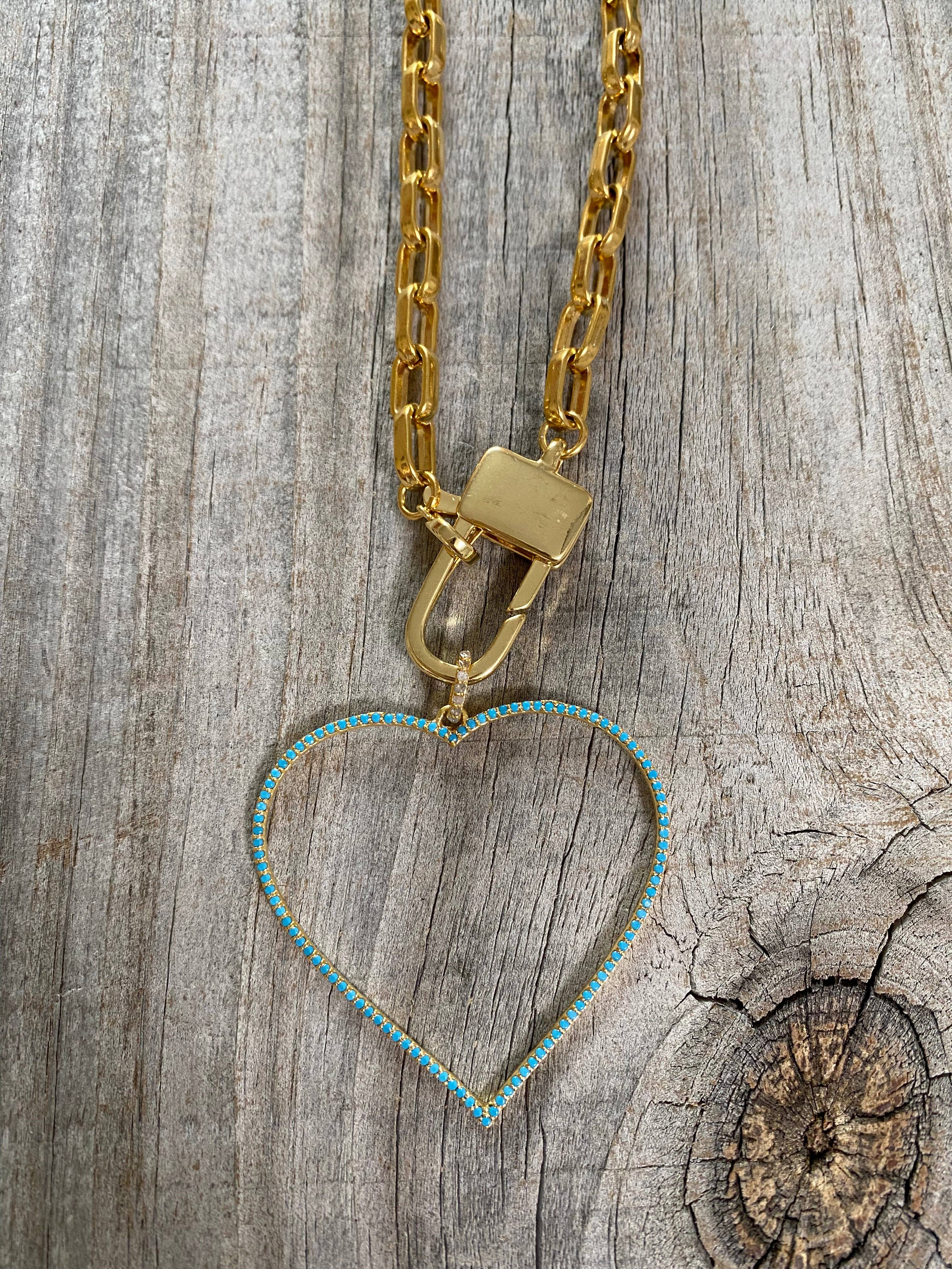 Turquoise & Gold Open Heart Pendant w/ Pave Diamond Bail